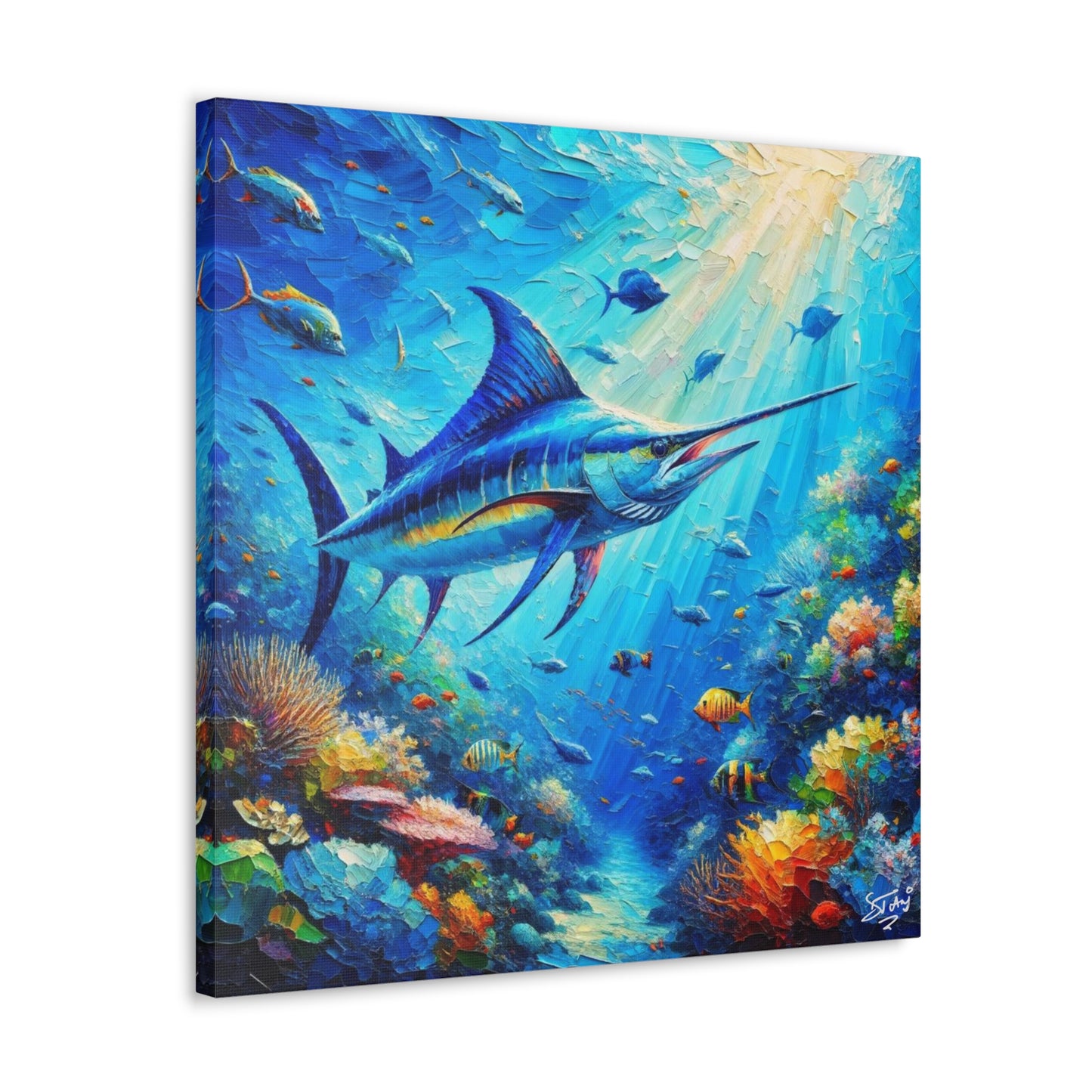 Art Print, Blue Marlin in Coral Reef, Oil Finish, Caribbean Nature, Semi-Abstract, Canvas Gallery Wrap