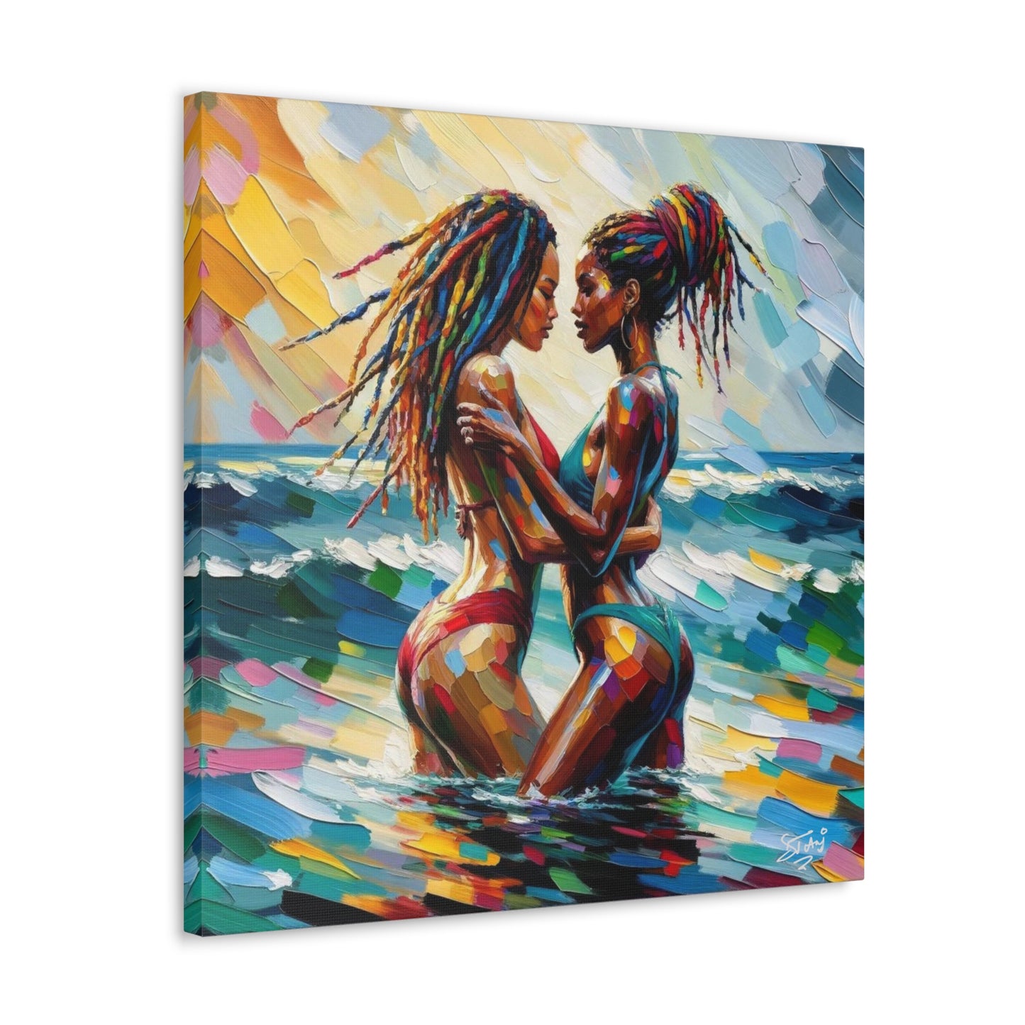 Art Print, Caribbean Couple, "In Our World" Semi-Abstract Oil Finish, West Indian Ethnicity, Cultural, Heritage, Abstract, Canvas Gallery Wrap