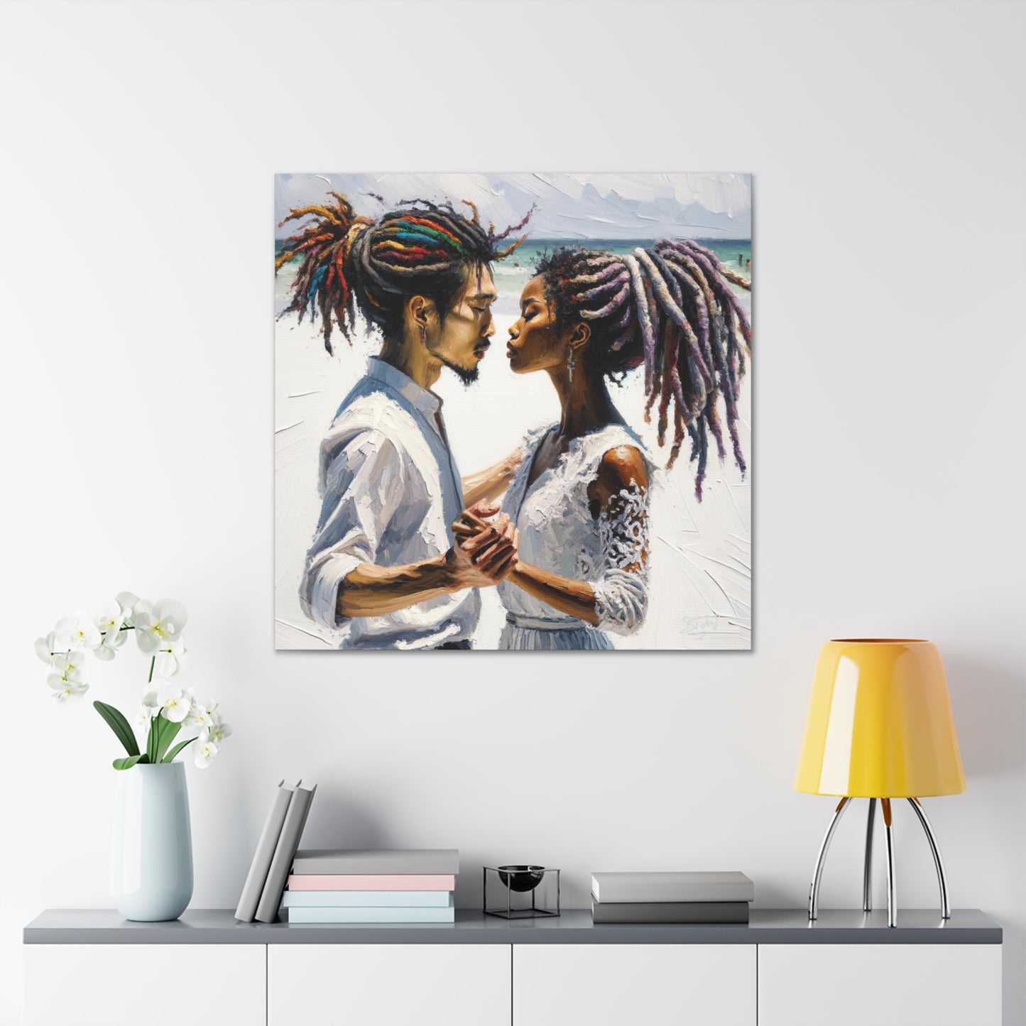 Art Print, Caribbean Couple, "Beach Wedding" Semi-Abstract Oil Finish, West Indian Ethnicity, Cultural, Heritage, Canvas Gallery Wrap