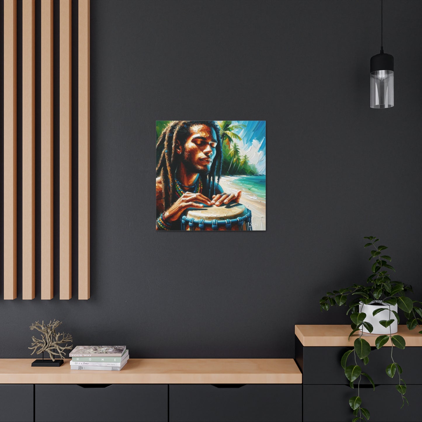 Art Print, Afro-Caribbean Man, "Drumming" Oil Finish, West Indian Ethnicity, Cultural, Heritage, Abstract, Canvas Gallery Wrap