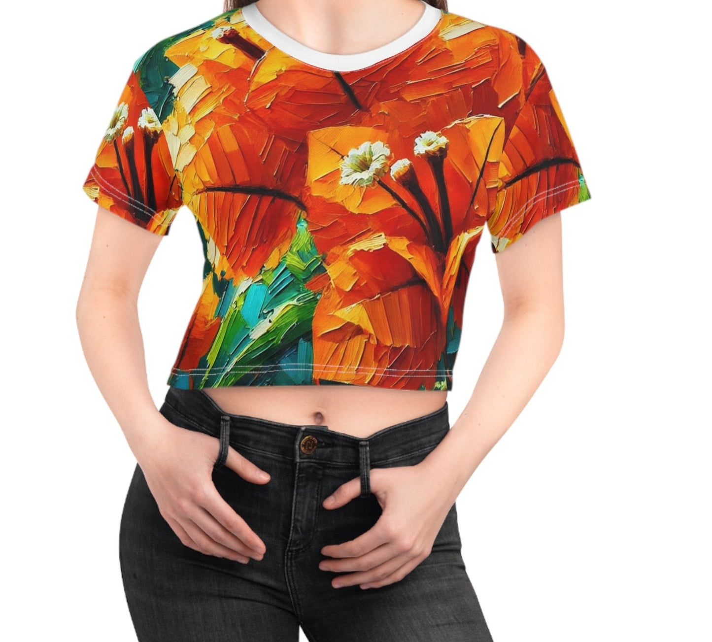 Women's Silky Soft Crop Tee (AOP) Orange Floral Print