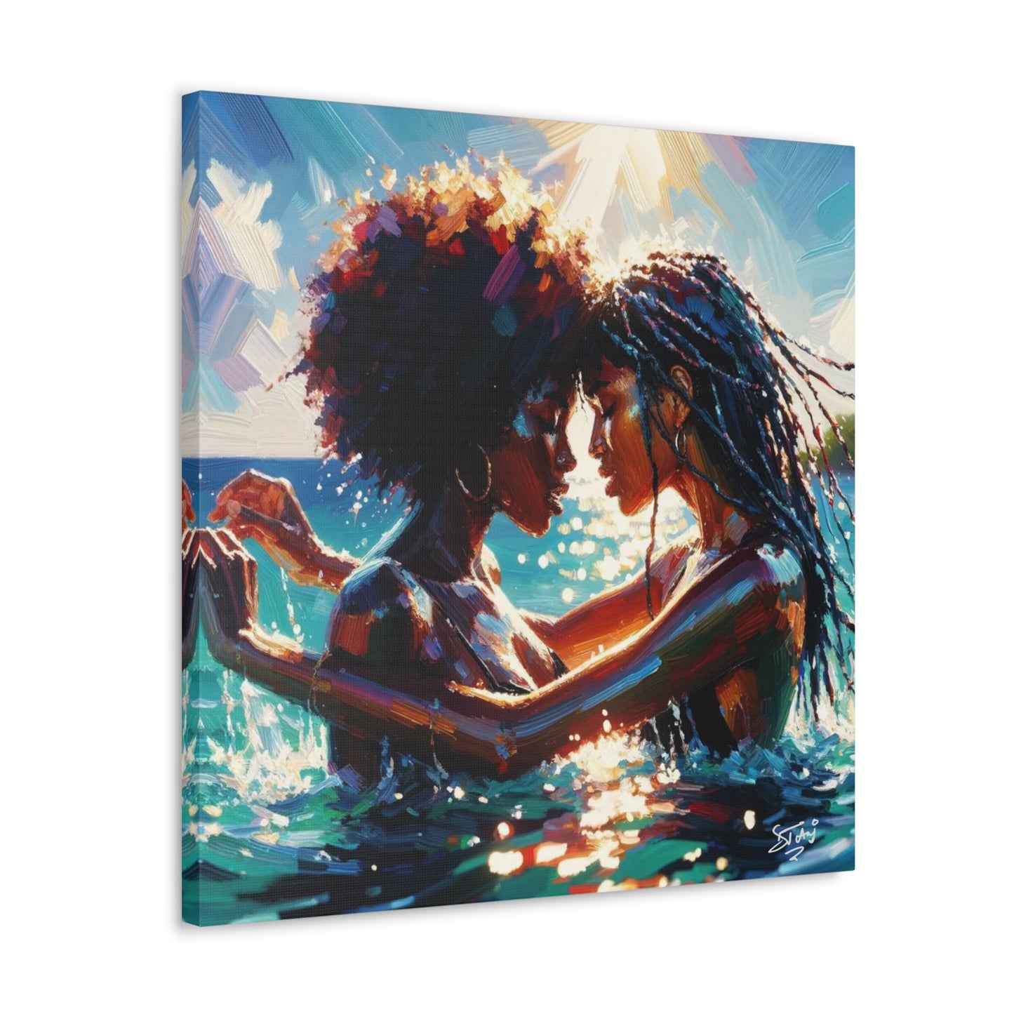 Art Print, Caribbean Couple, "In Our World" Semi-Abstract Oil Finish, West Indian Ethnicity, Cultural, Heritage, Abstract, Canvas Gallery Wrap