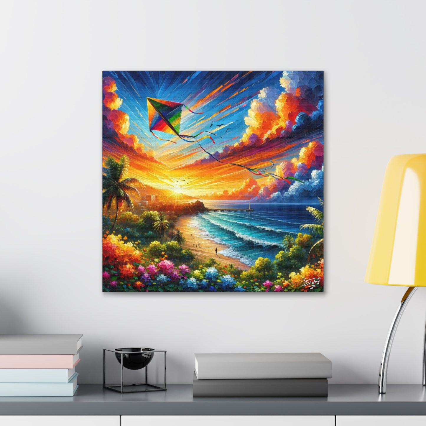 Art Print of Caribbean Sunset "Flying Kite," West Indian Art, Canvas Gallery Wraps