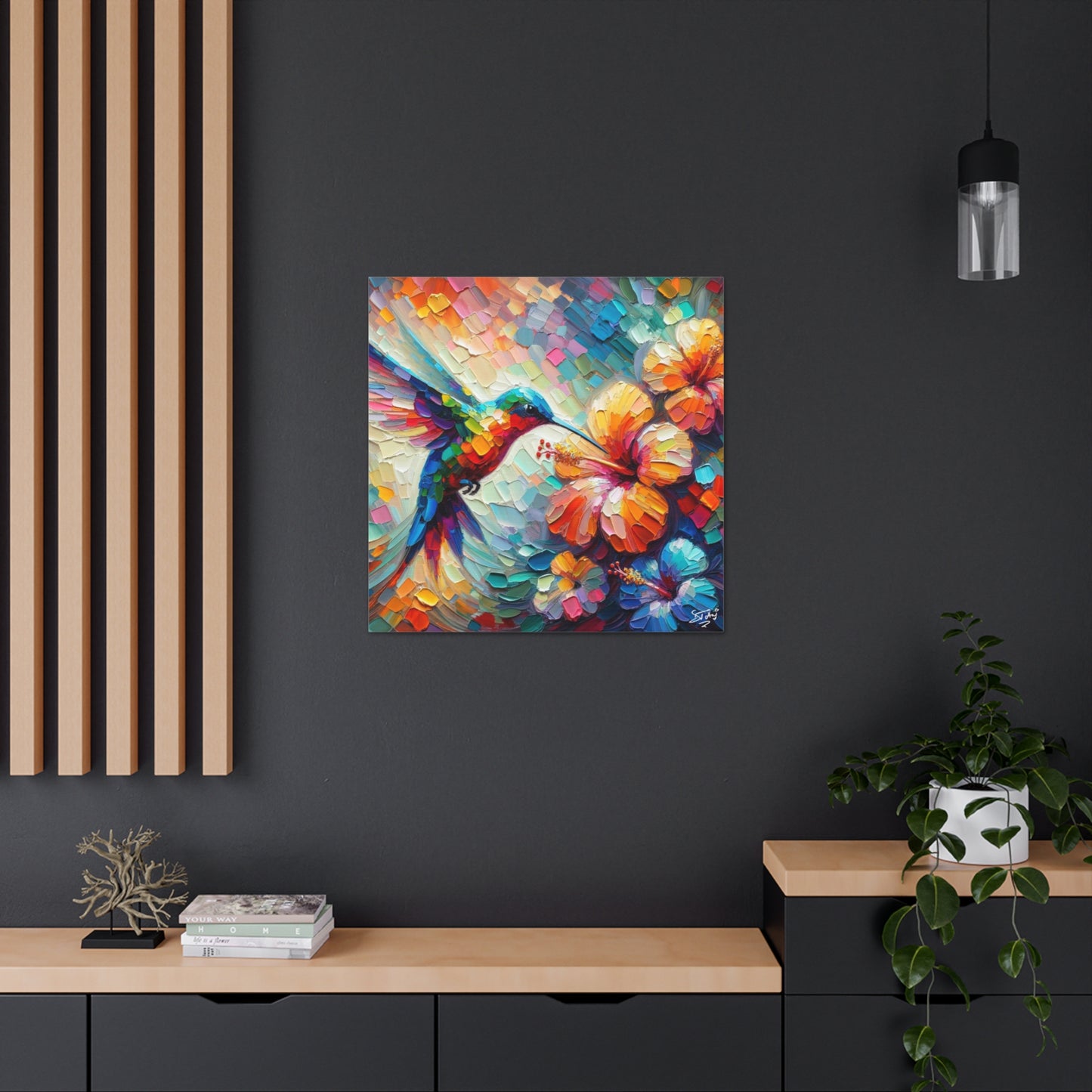 Art Print, Hummingbird on Hibiscus, Oil Finish, Caribbean Nature, Cultural, Heritage, Semi-Abstract, Canvas Gallery Wrap