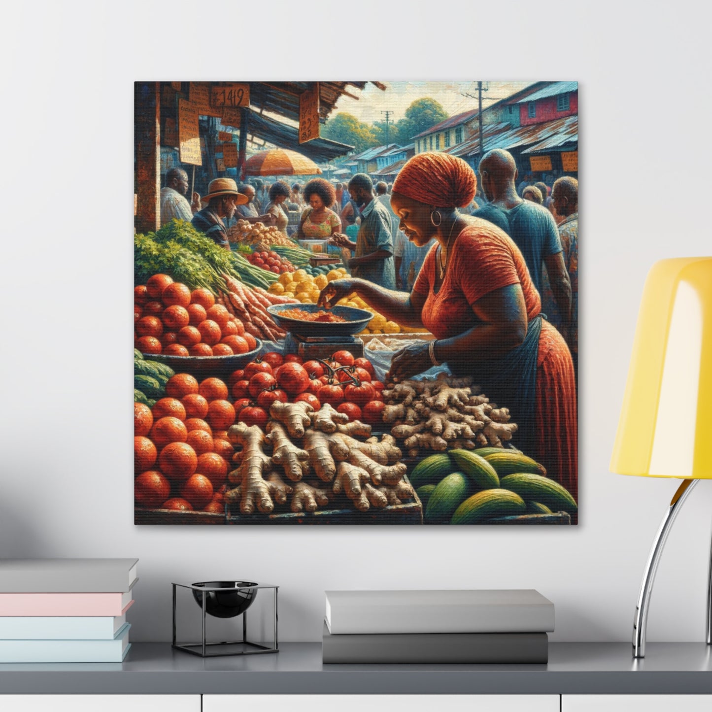 Art Print#7, "Selling at the Market", Market Scene in Trinidad, Caribbean, Oil Finish, West Indian Art, Canvas Gallery Wraps