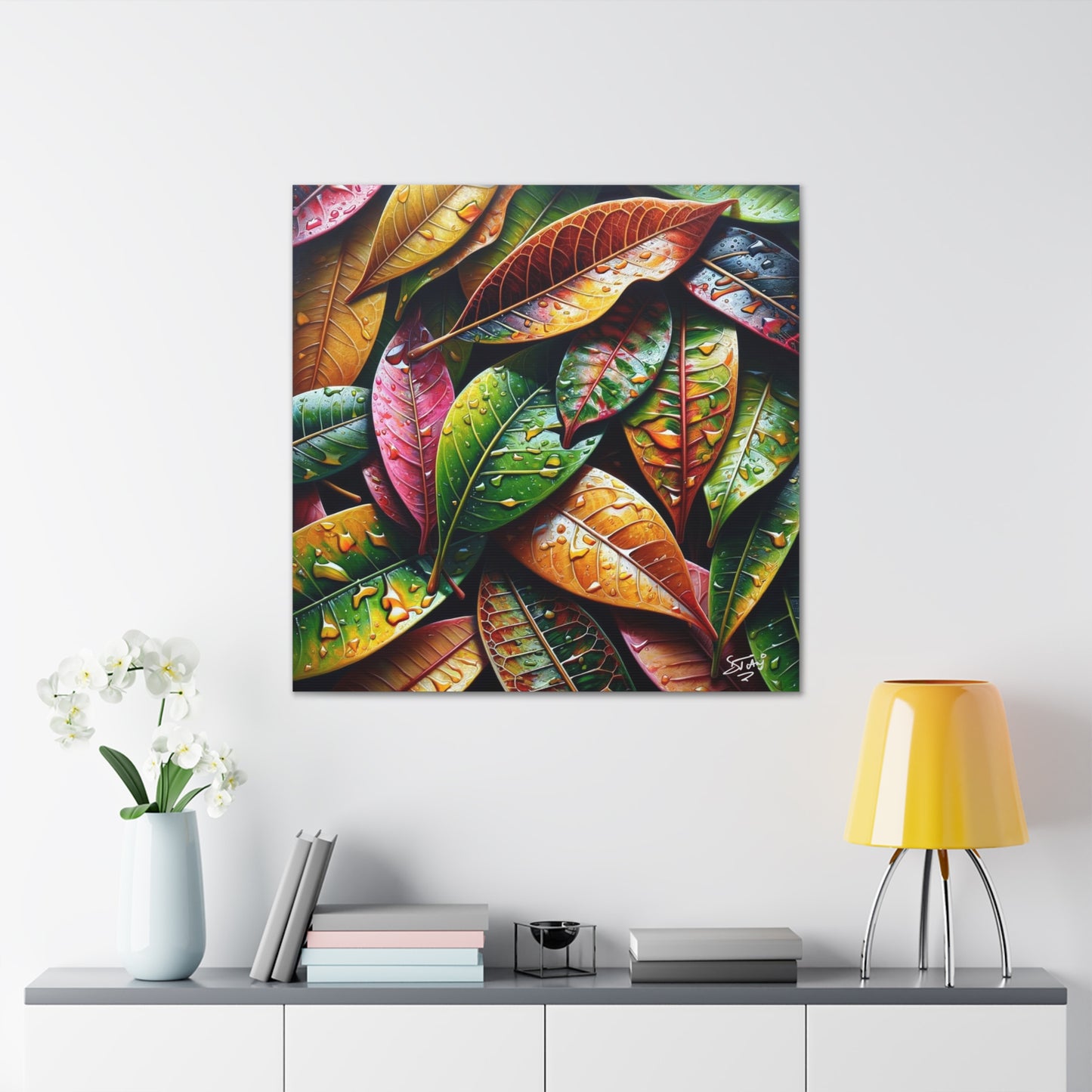 Oil Print#4 of Croton Plant, Close-up, Still Wet from Recent Rain, Caribbean, Tropical Plant, Canvas Gallery Wraps