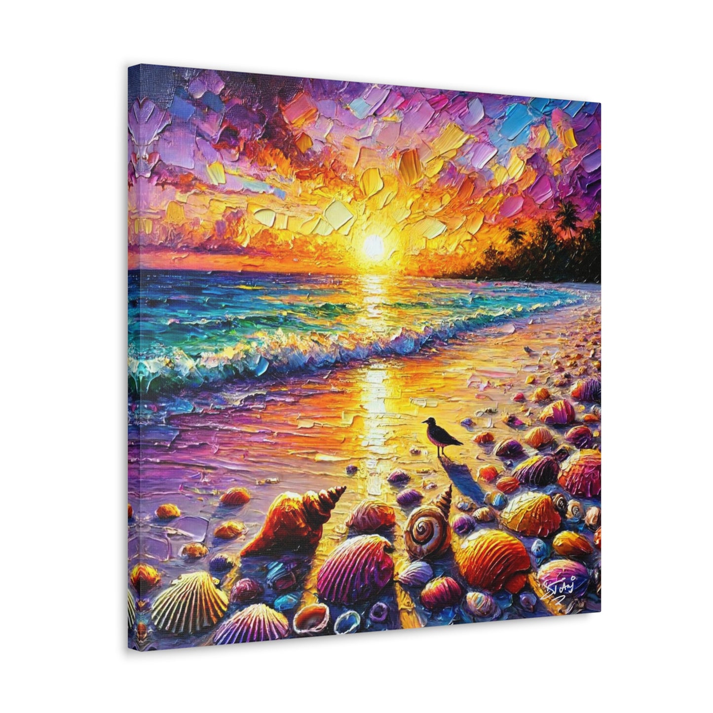 Art Print, Seashells on Caribbean Beach, Sunset, Semi-Abstract, Oil Painting, West Indian Art, Canvas Gallery Wraps