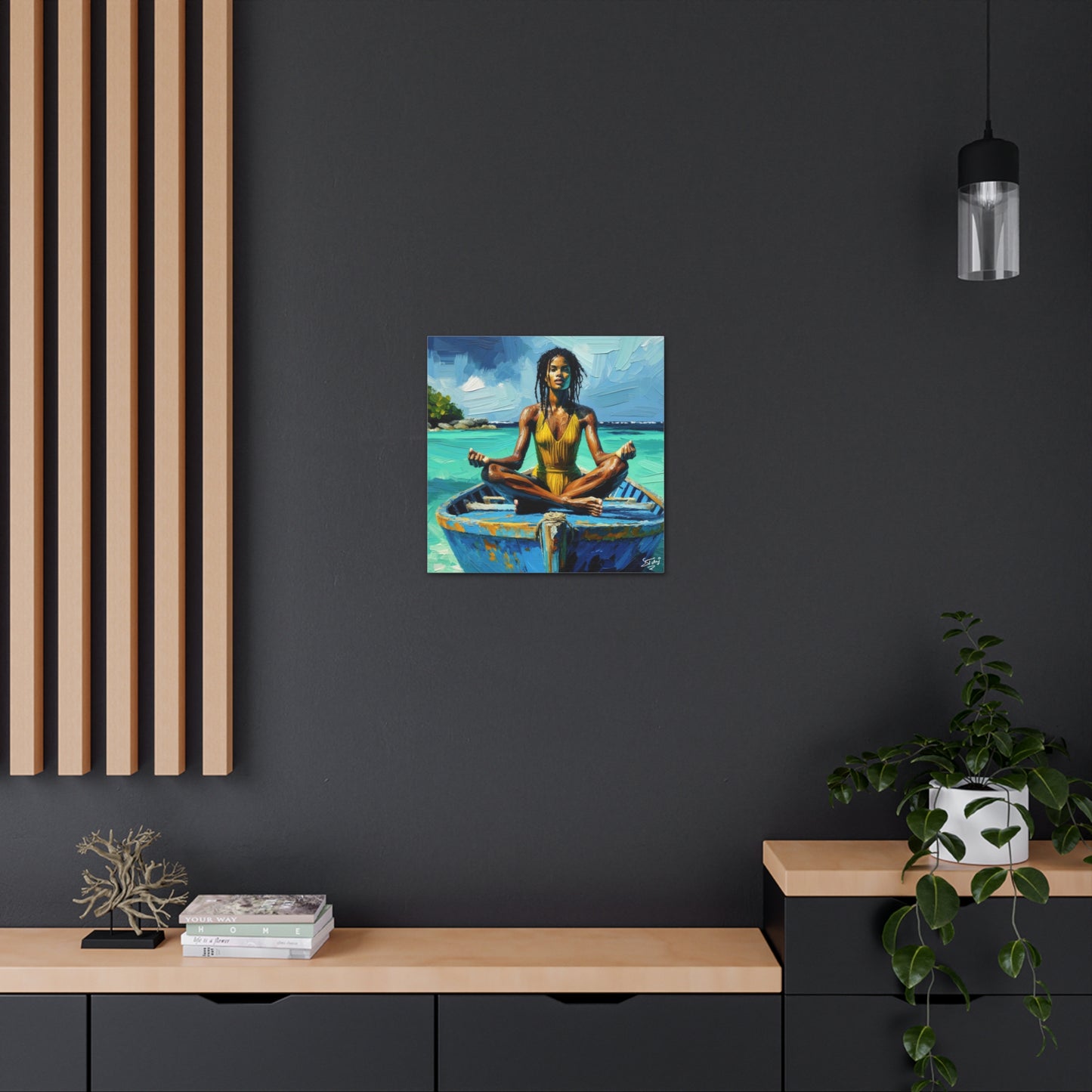 Art Print, Afro-Caribbean Woman "Chilling in the Boat (4)" Oil Finish, West Indian Ethnicity, Cultural, Heritage, Semi-Abstract, Canvas Gallery Wrap