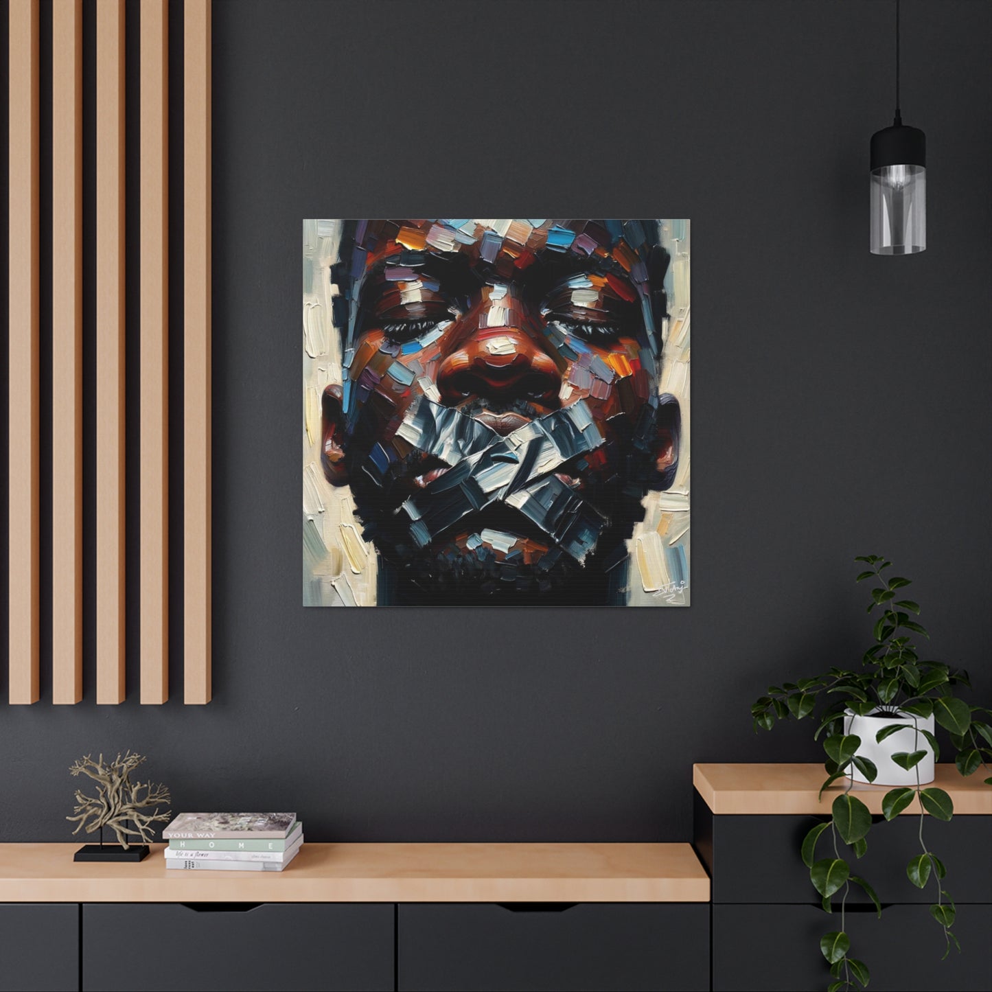 Art Print, Afro-Caribbean Man Silenced? Oil Finish, West Indian Ethnicity, Cultural, Heritage, Semi-Abstract, Canvas Gallery Wrap