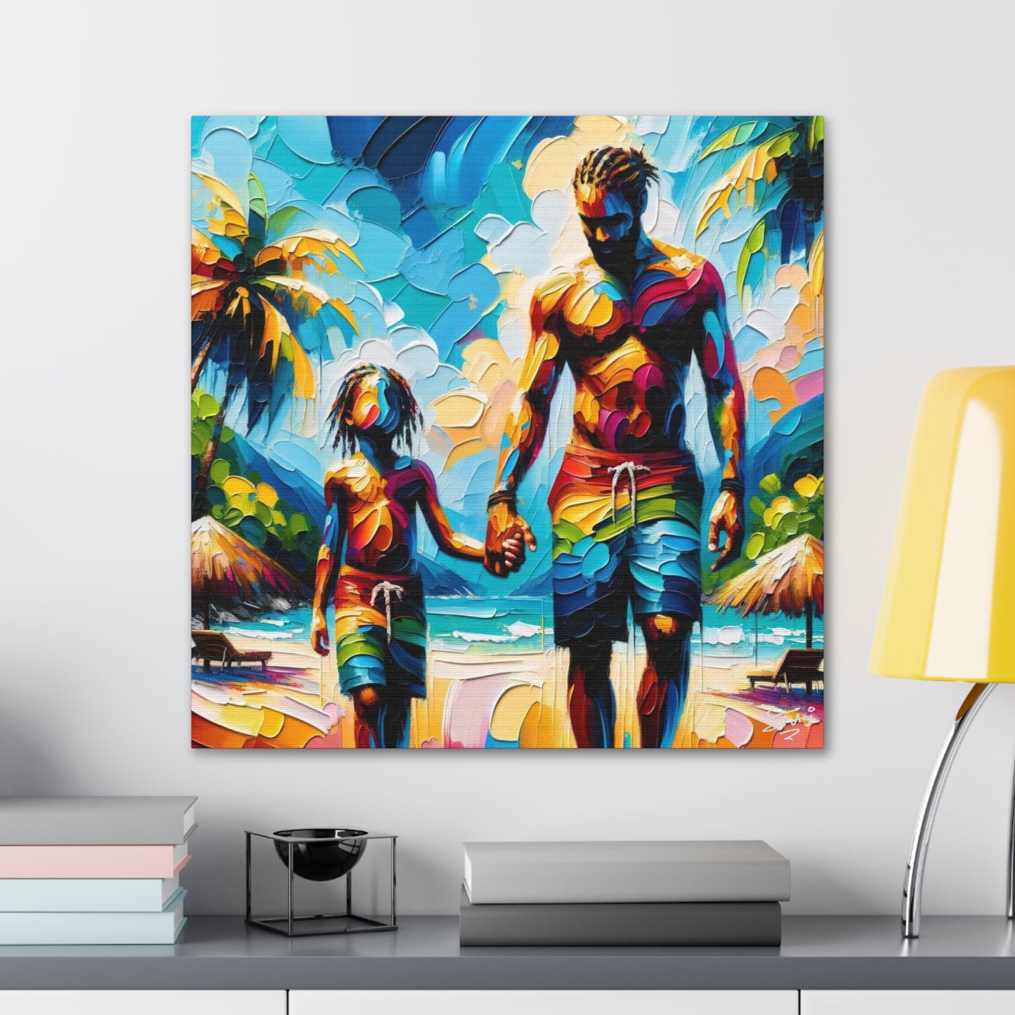 Art Print, Afro-Caribbean Father & Son, Oil Finish, West Indian Ethnicity, Cultural, Heritage, Semi-Abstract, Canvas Gallery Wrap