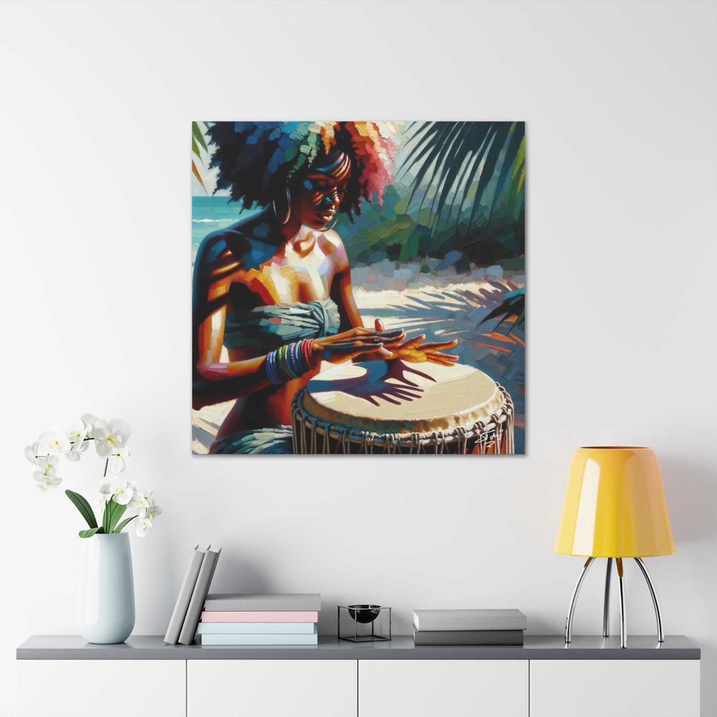 Art Print, Afro-Caribbean Woman, "Drumming" Oil Finish, West Indian Ethnicity, Cultural, Heritage, Abstract, Canvas Gallery Wrap