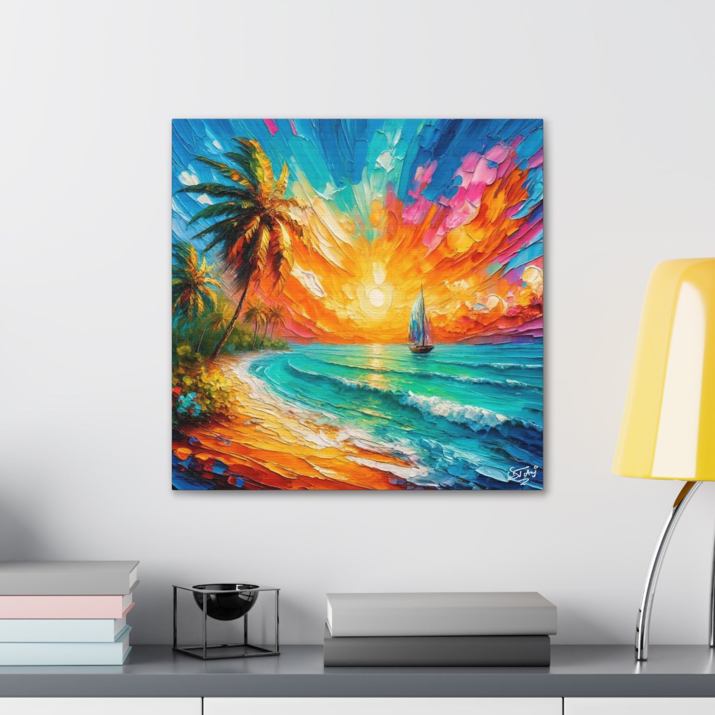 Art Print of Caribbean Sunset Scene, West Indian Art, Canvas Gallery Wraps