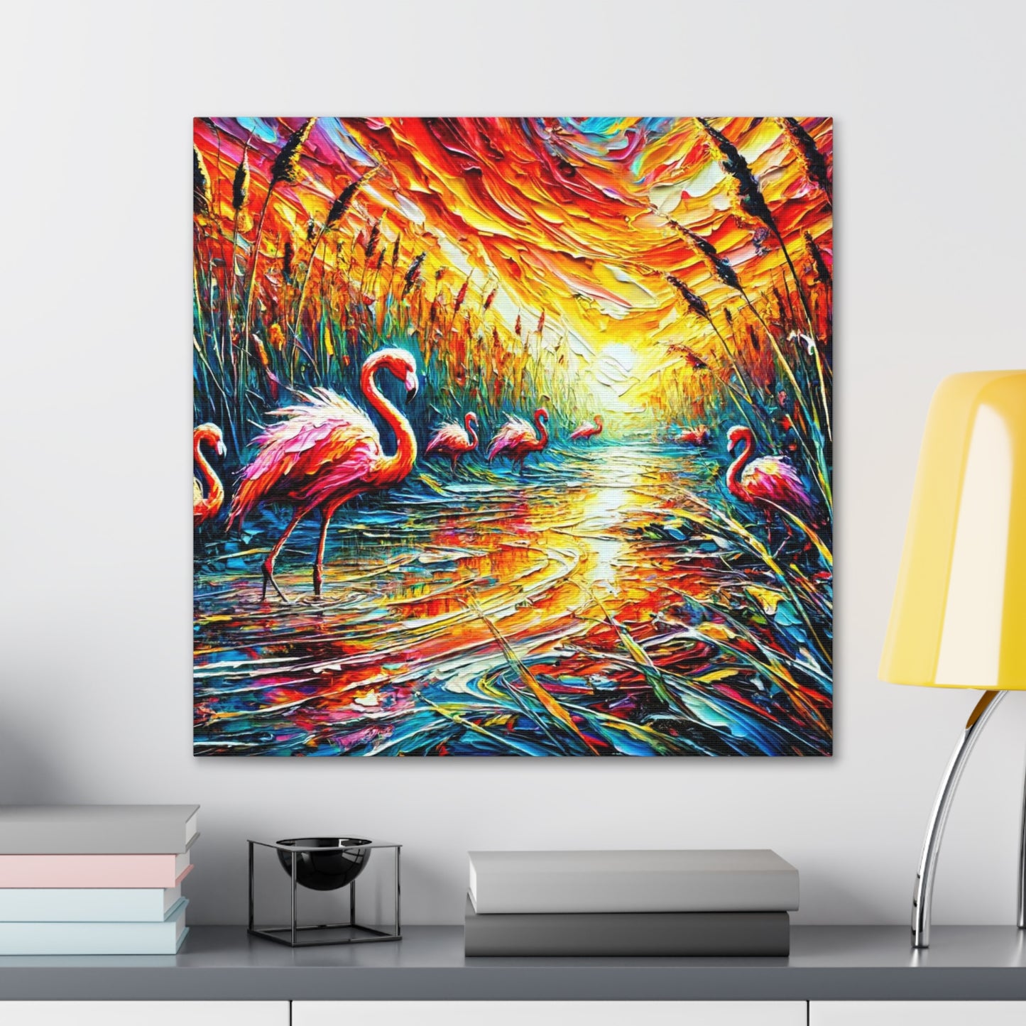 Art Print, Flamingos, Abstract Oil Finish, Trinidad & Tobago, Caribbean, West Indian Art, Canvas Gallery Wraps