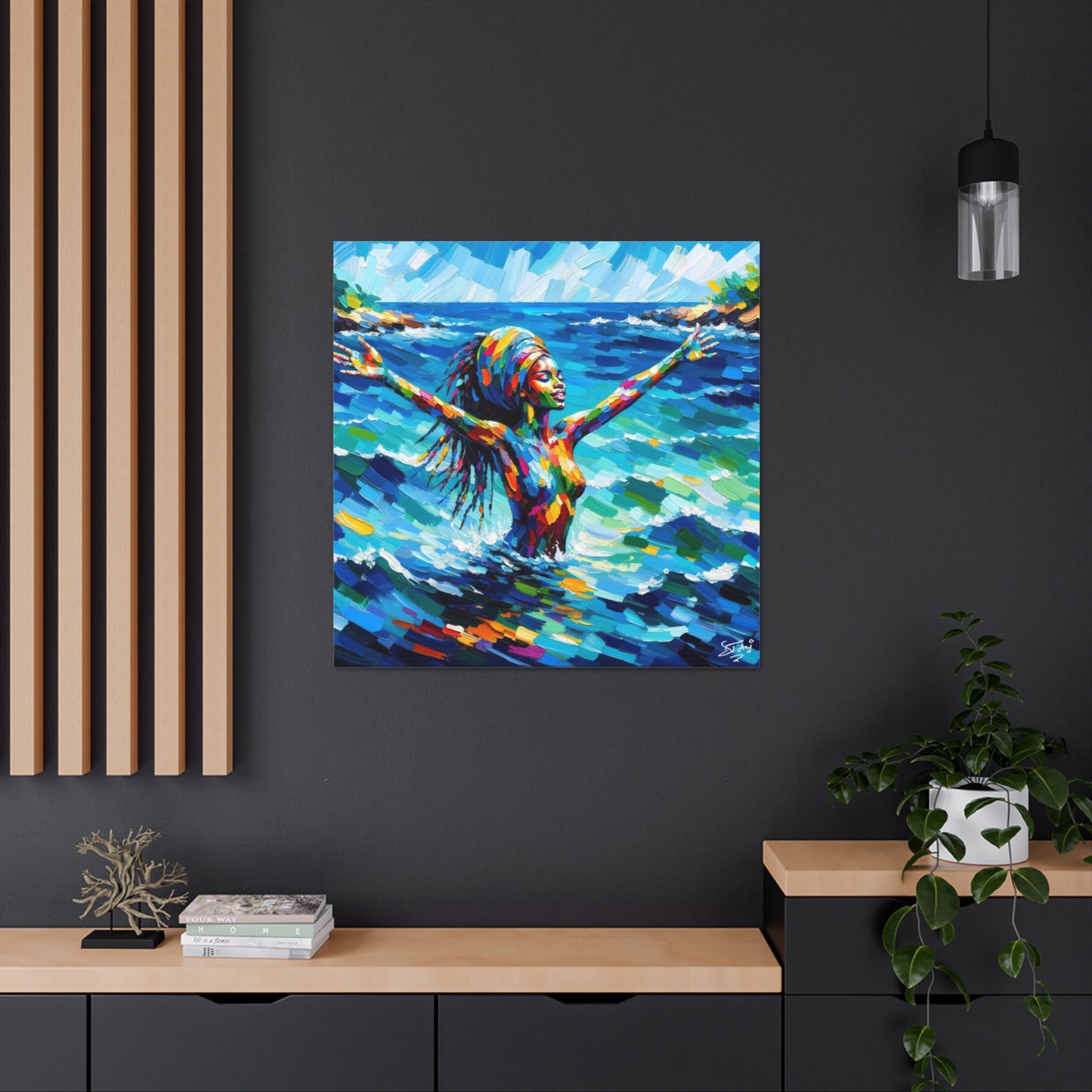 Art Print, Black Woman, Sea Bath, Oil Finish, Caribbean Nature, Semi-Abstract, Canvas Gallery Wrap