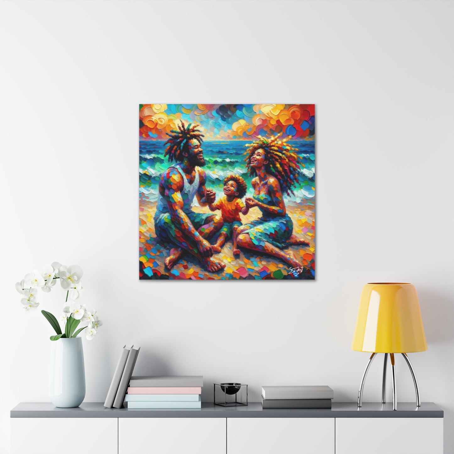 Art Print, Afro-Caribbean Family "Sitting on the Beach," Oil Finish, West Indian Ethnicity, Cultural, Heritage, Semi-Abstract, Canvas Gallery Wrap