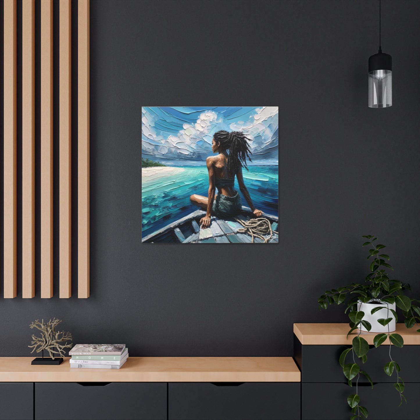 Art Print, Dougla Woman "Chilling in the Boat" Oil Finish, West Indian Ethnicity, Cultural, Heritage, Semi-Abstract, Canvas Gallery Wrap