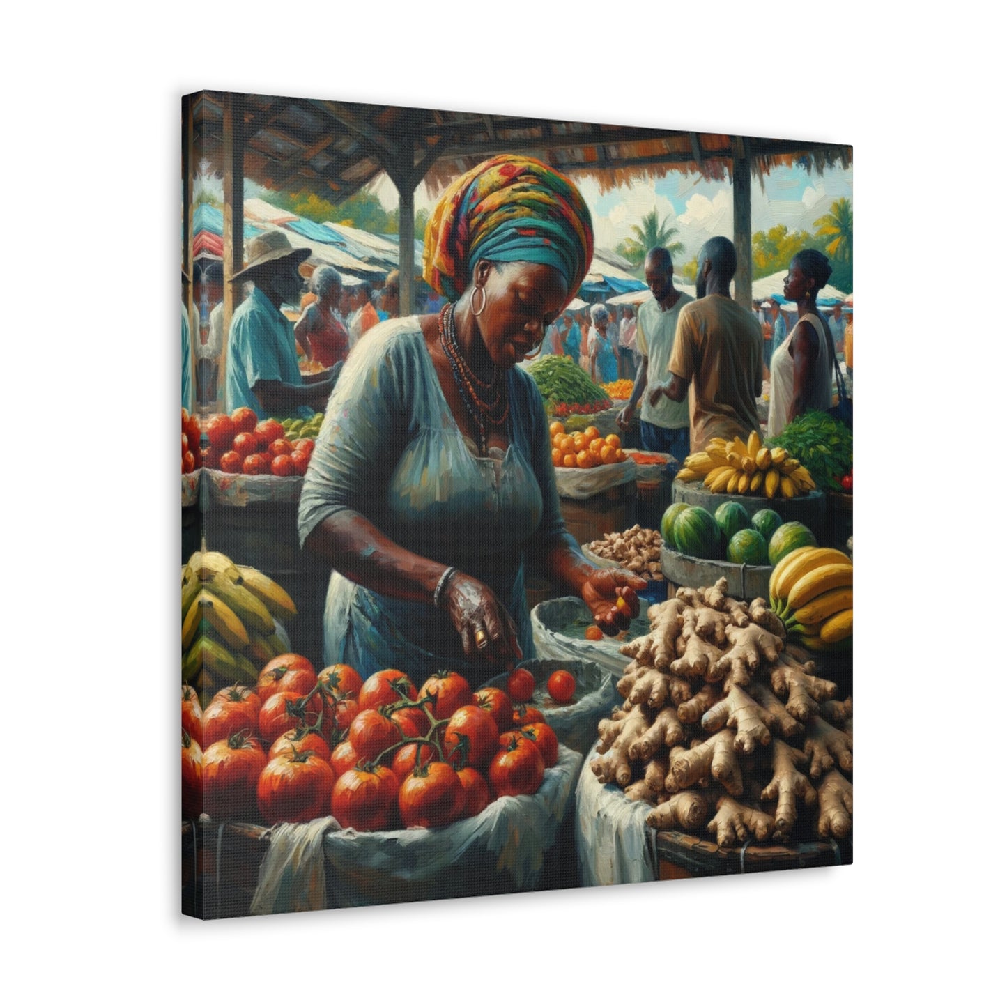 Art Print#5, "Selling at the Market", Market Scene in Trinidad, Caribbean, Oil Finish, West Indian Art, Canvas Gallery Wraps