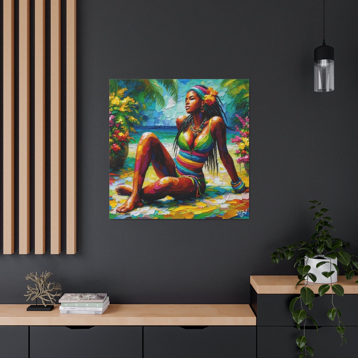 Art Print, Caribbean Woman, "Relaxing" Oil Finish, West Indian Ethnicity, Cultural, Heritage, Abstract, Canvas Gallery Wrap