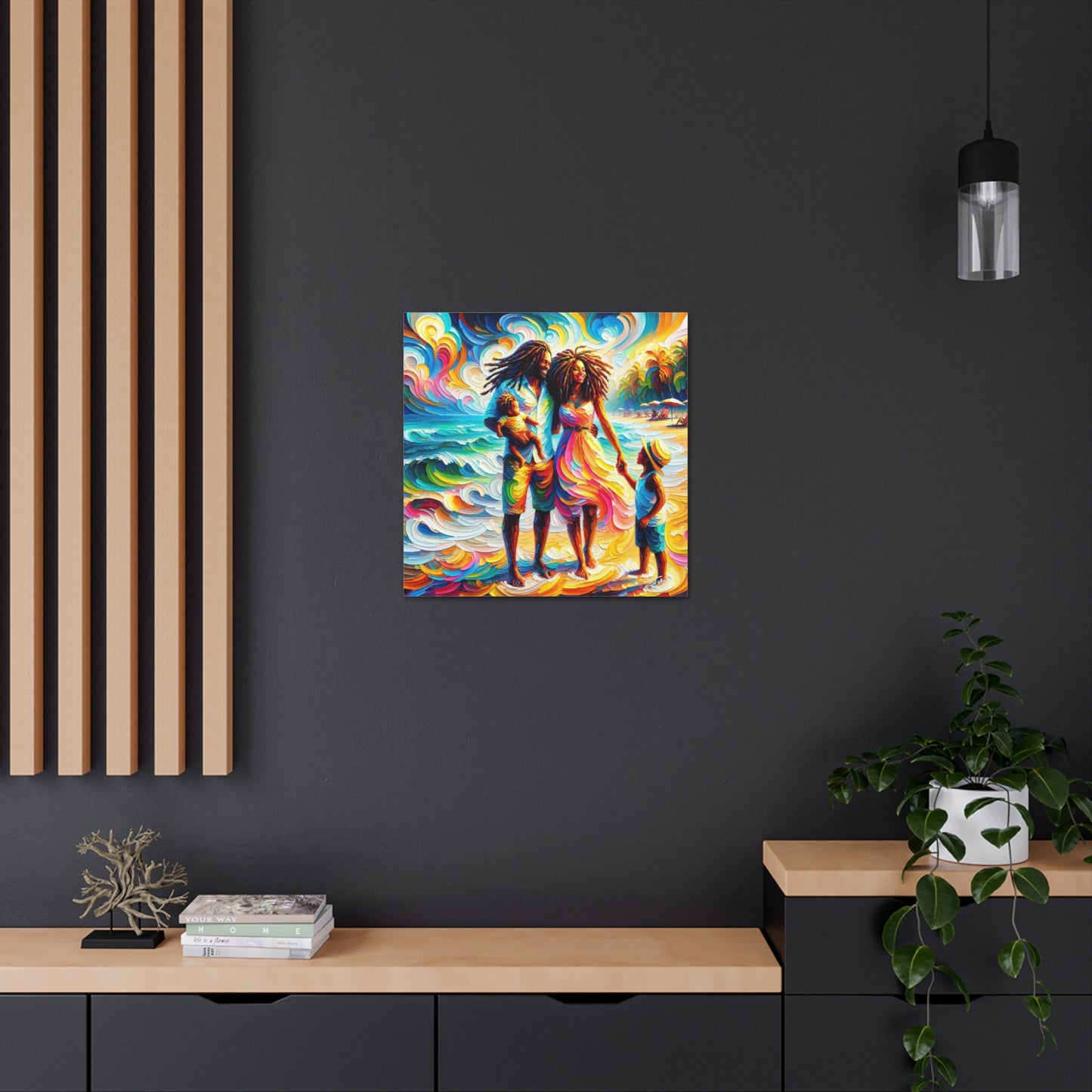 Art Print, Afro-Caribbean Family "Walking on the Beach," Oil Finish, West Indian Ethnicity, Cultural, Heritage, Semi-Abstract, Canvas Gallery Wrap