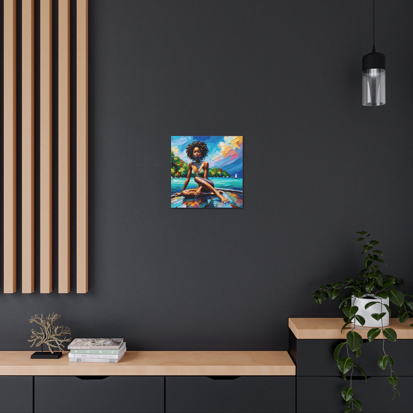 Art Print, Afro-Caribbean Woman "Chilling in the Boat" Oil Finish, West Indian Ethnicity, Cultural, Heritage, Semi-Abstract, Canvas Gallery Wrap