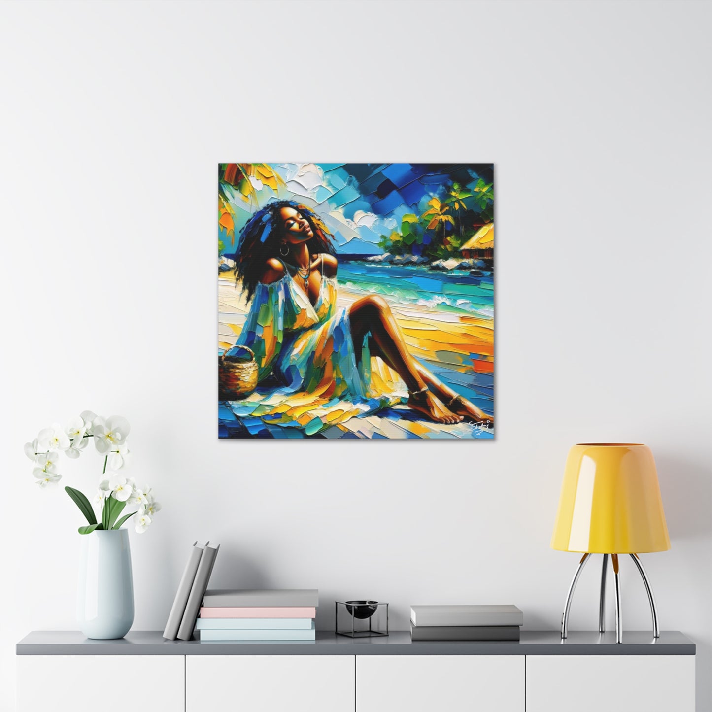 Art Print, Afro-Caribbean Woman, "Relaxing" Oil Finish, West Indian Ethnicity, Cultural, Heritage, Abstract, Canvas Gallery Wrap