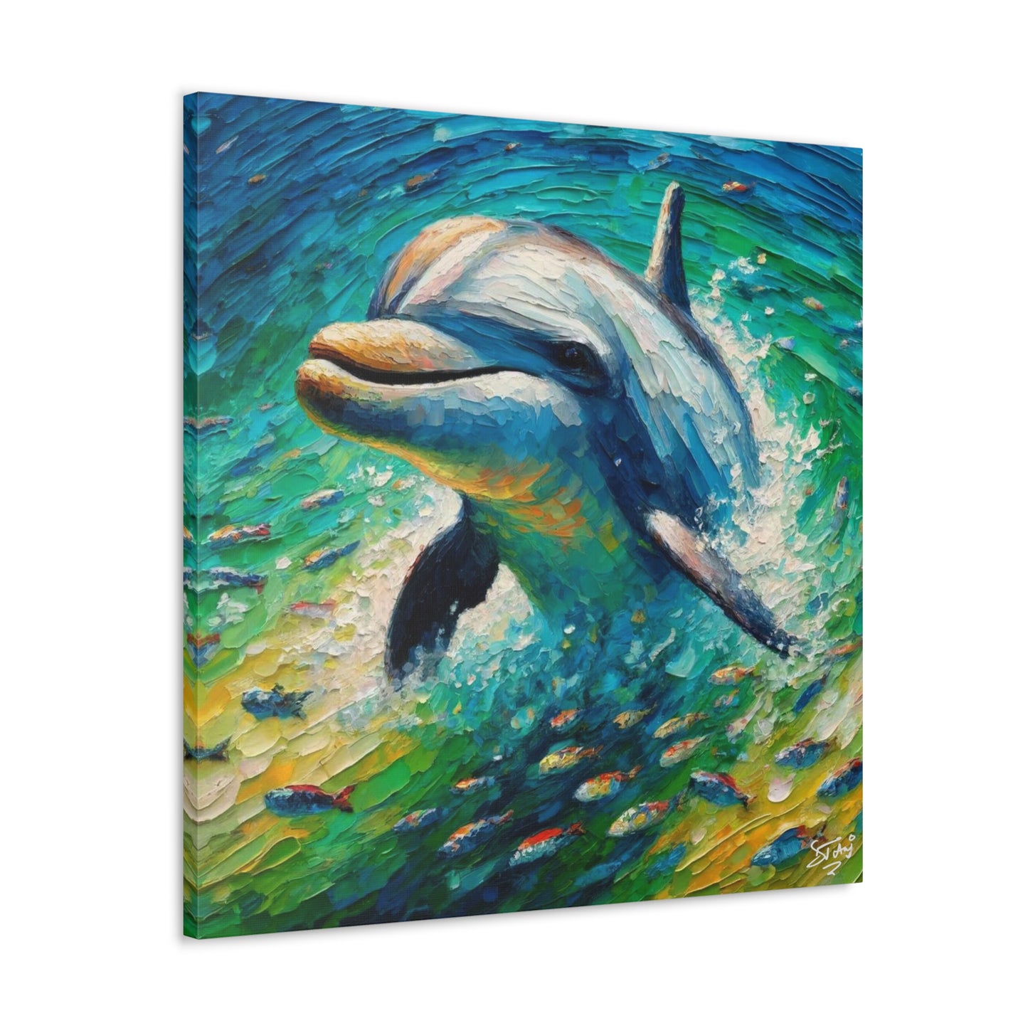 Art Print, Dolphin in the Caribbean Sea, Oil Finish, Caribbean Nature, Canvas Gallery Wrap