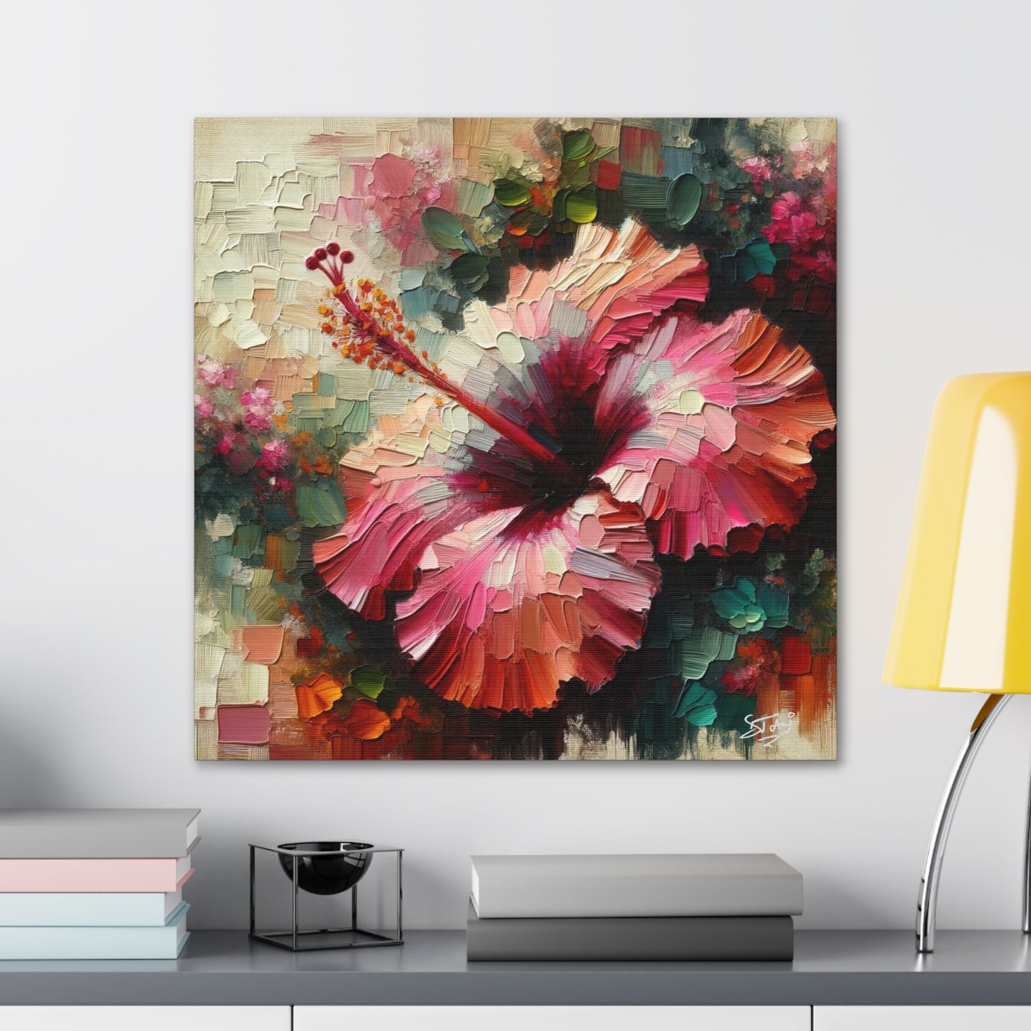 Oil Print#3 of a Pink Hibiscus Flower, Close-up View, Semi-abstract, Caribbean, Vibrant Vivid Colors, Canvas Gallery Wraps