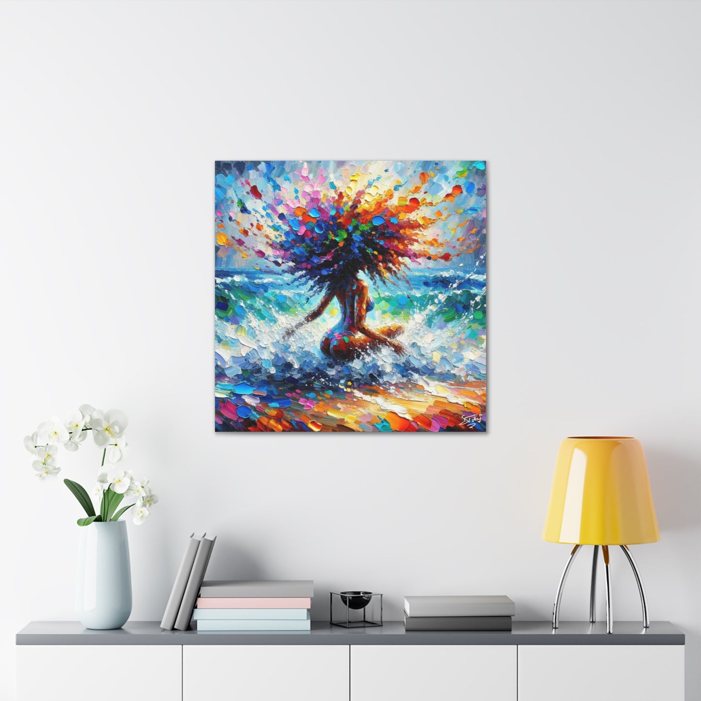 Art Print, Afro-Caribbean Woman, "Splashing Fun" Oil Finish, West Indian Ethnicity, Cultural, Heritage, Abstract, Canvas Gallery Wrap