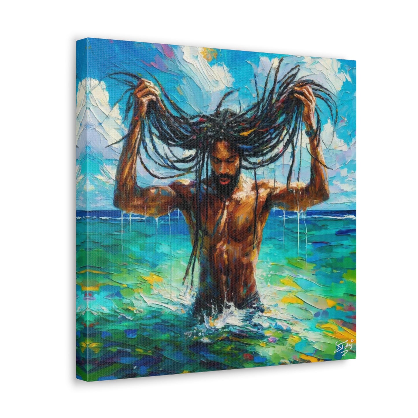 Art Print, Afro-Caribbean Man "Chilling in the Ocean" Oil Finish, West Indian Ethnicity, Cultural, Heritage, Semi-Abstract, Canvas Gallery Wrap