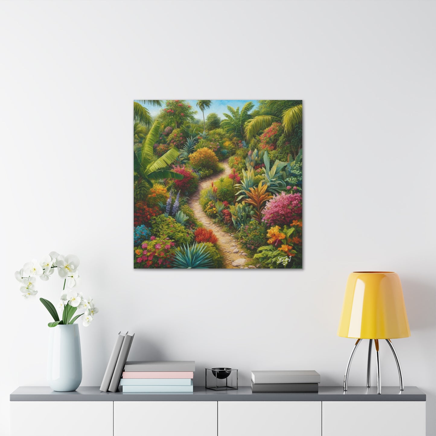 Art Print of Tropical Flower Garden, Oil Finish, West Indian Art, Canvas Gallery Wraps