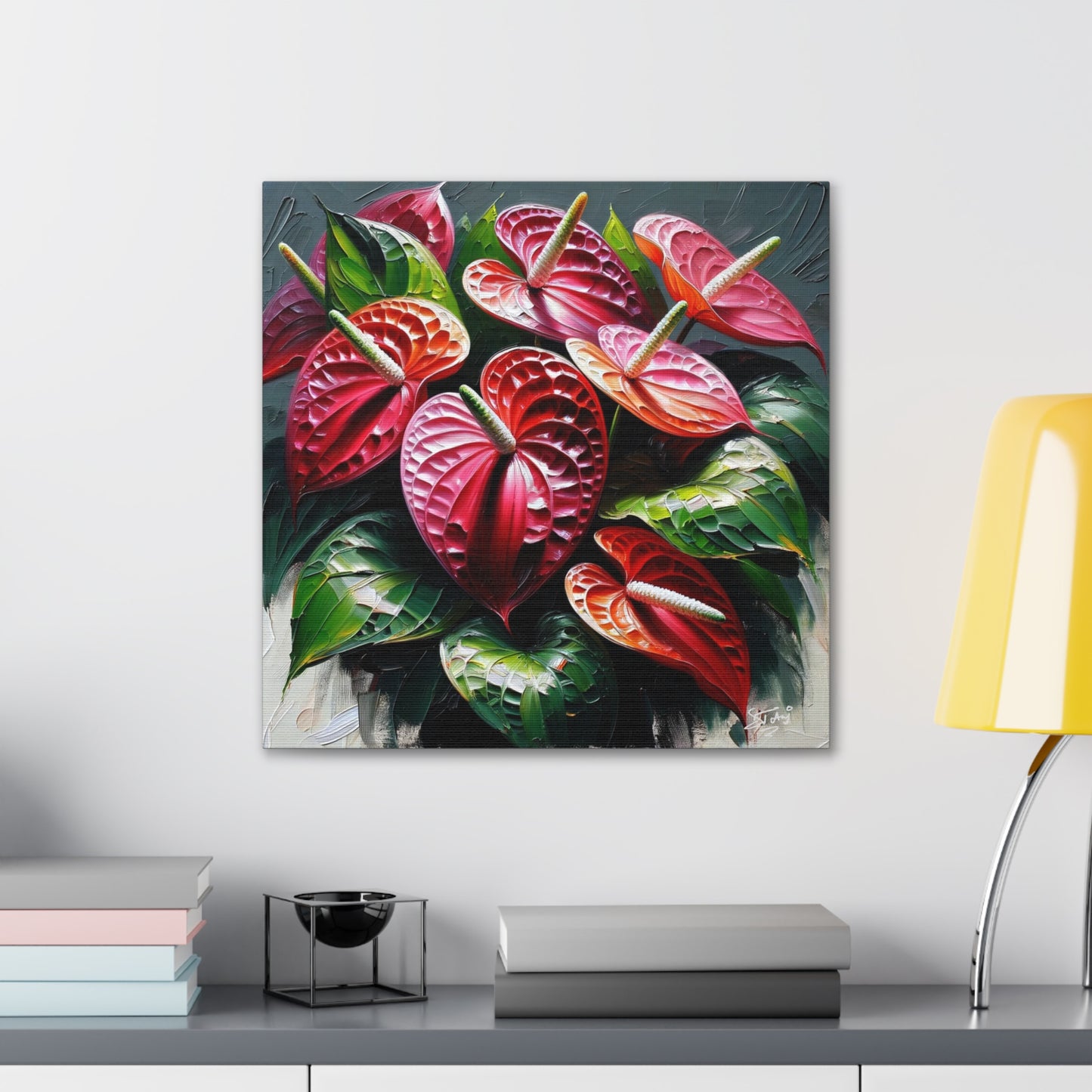 Print of Anthurium flowers with a vibrant, oil-painted finish, Canvas Gallery Wraps