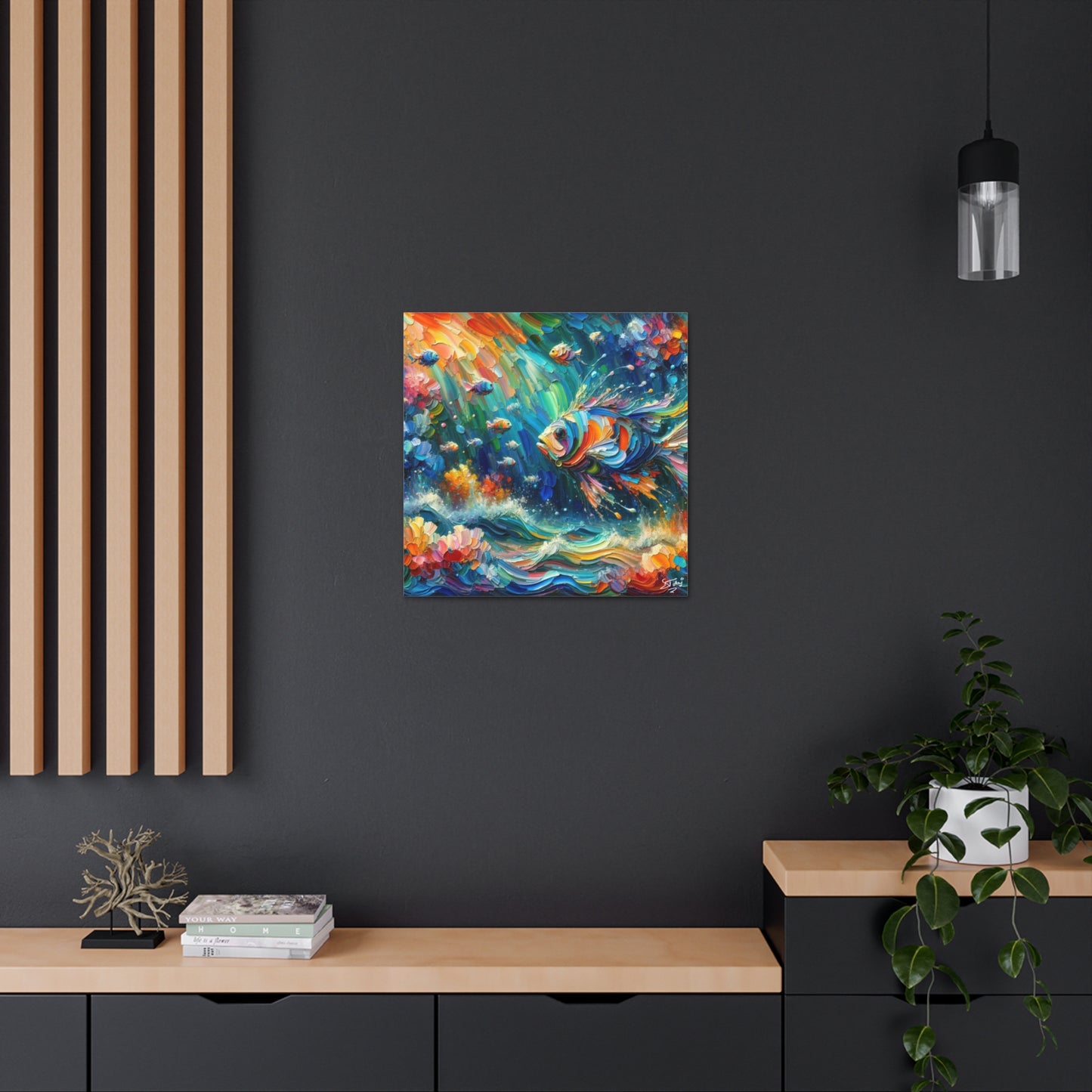 Art Print, Fishes in Coral Reef, Oil Finish, Caribbean Nature, Semi-Abstract, Canvas Gallery Wrap