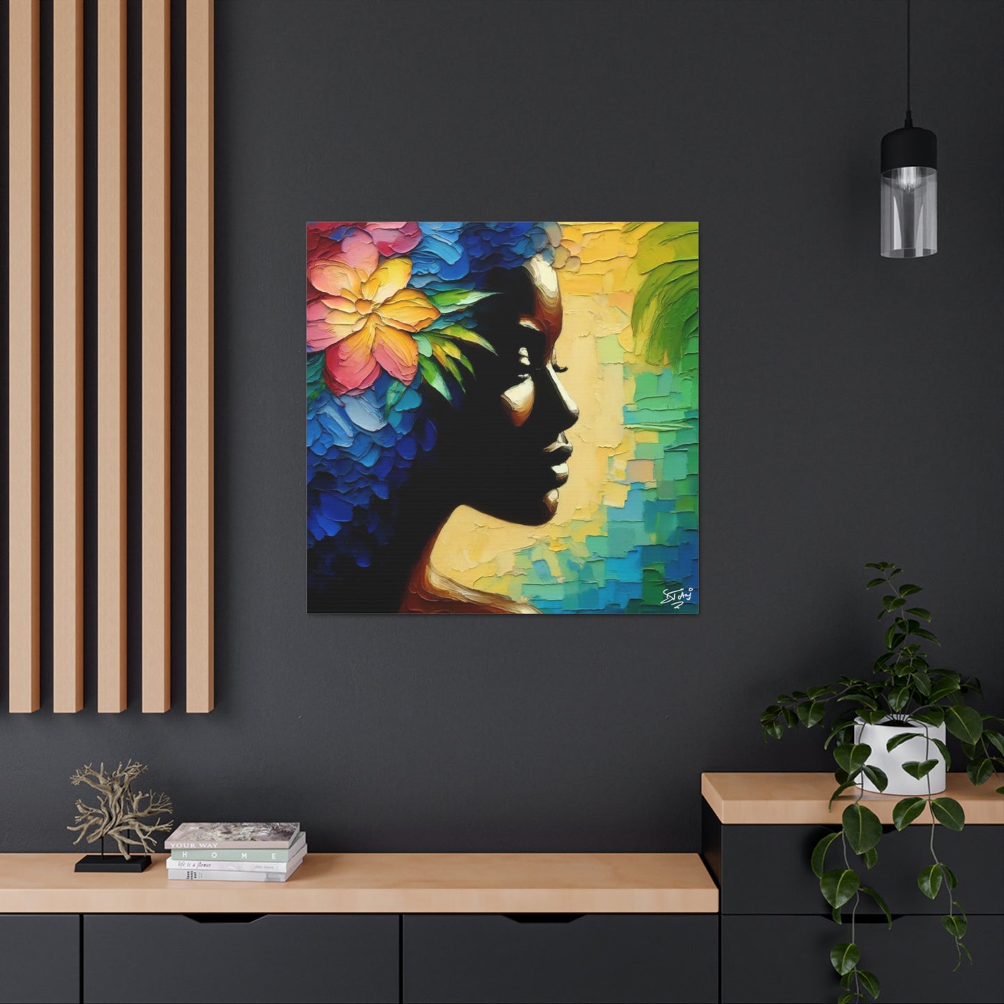 Art Print, Afro-Caribbean Woman "Deep in Thought" Oil Finish, West Indian Ethnicity, Cultural, Heritage, Semi-Abstract, Canvas Gallery Wrap