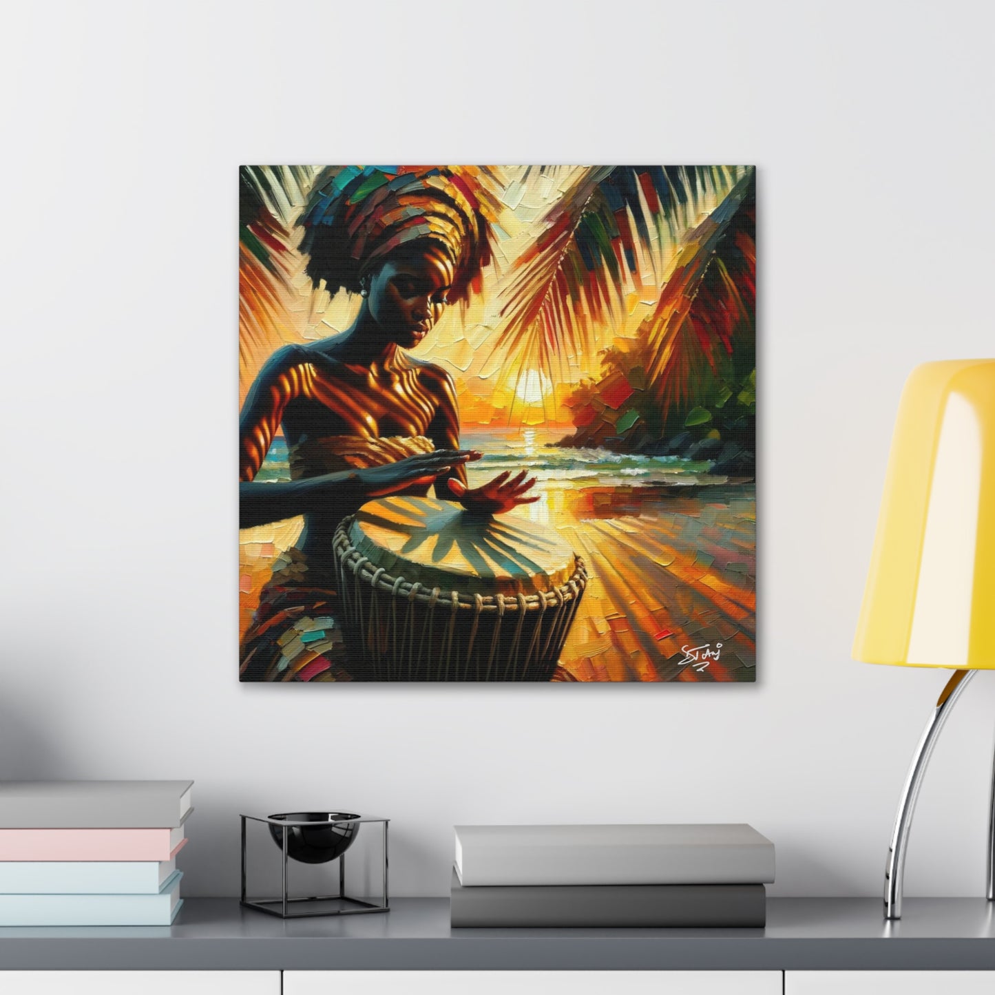 Art Print, Afro-Caribbean Woman, "Drumming" Oil Finish, West Indian Ethnicity, Cultural, Heritage, Abstract, Canvas Gallery Wrap