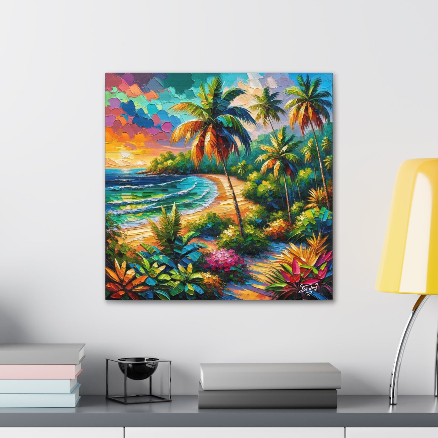 Art Print of Caribbean Beach Sunset, Semi-Abstract, Oil Painting, West Indian Art, Canvas Gallery Wraps