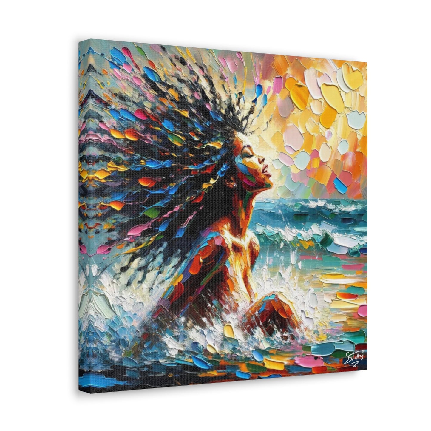 Art Print, Afro-Caribbean Woman, "Enjoying the Sunset" Abstract, Oil Finish, West Indian Ethnicity, Cultural, Heritage, Abstract, Canvas Gallery Wrap