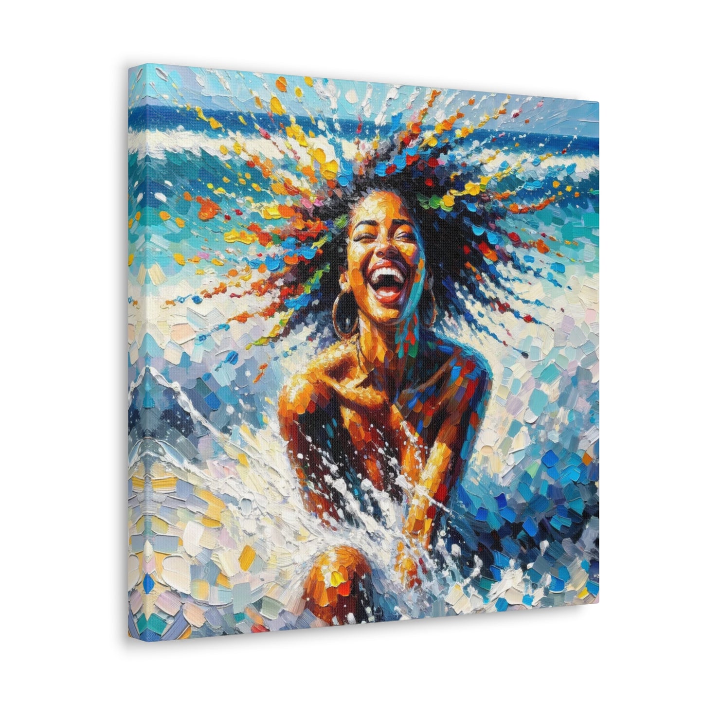 Art Print#3 of Dougla Woman's Exhilaration Captured - Joy, Laughter, Color, Caribbean Sea, Oil Finish, West Indian Art, Canvas Gallery Wraps