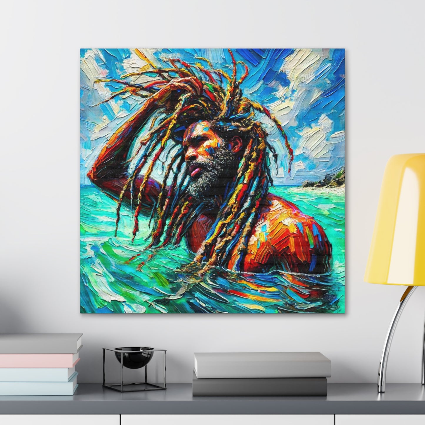 Art Print, Afro-Caribbean Man, "Sea Bath" Abstract, Semi-Abstract Oil Finish, West Indian Ethnicity, Cultural, Heritage, Abstract, Canvas Gallery Wrap