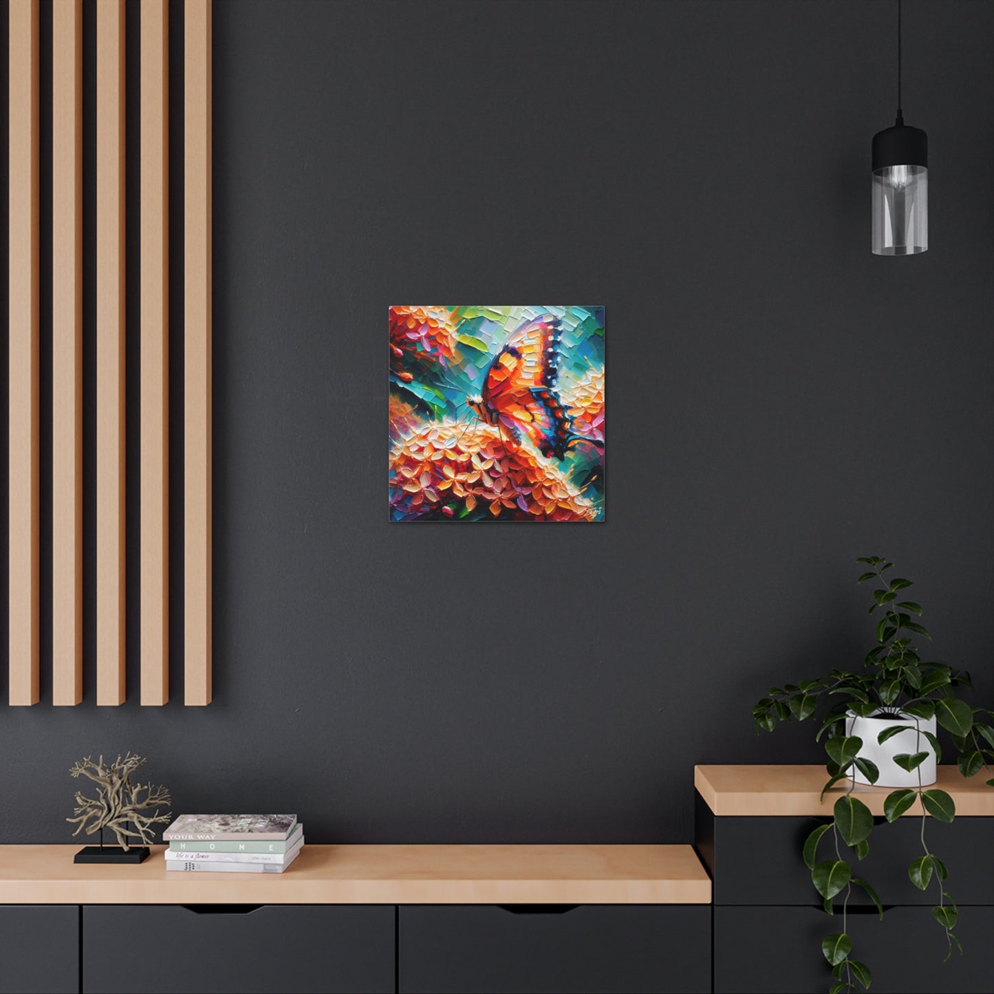 Art Print, Butterfly on Ixoras, Oil Finish, Caribbean Nature, Cultural, Heritage, Semi-Abstract, Canvas Gallery Wrap