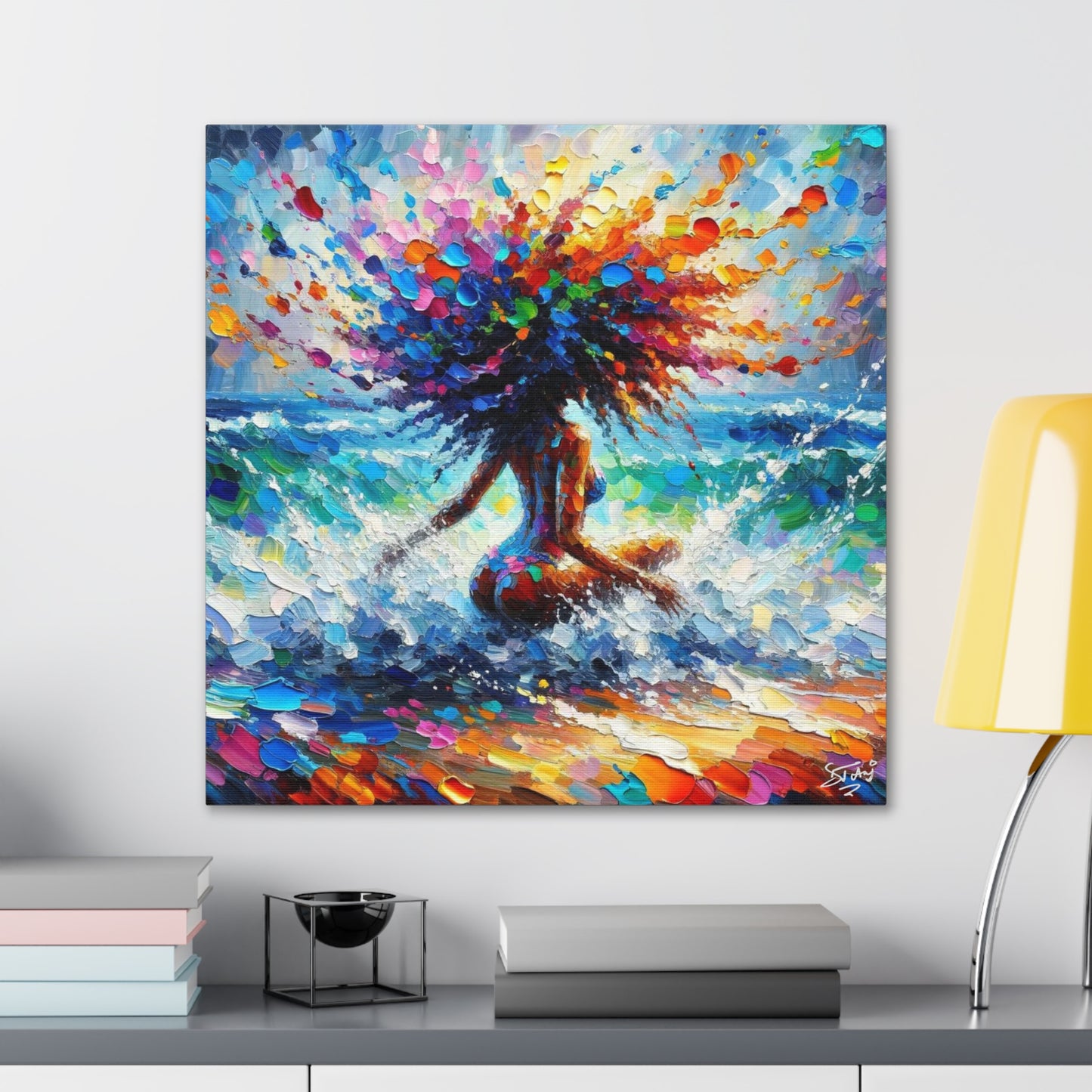 Art Print, Afro-Caribbean Woman, "Splashing Fun" Oil Finish, West Indian Ethnicity, Cultural, Heritage, Abstract, Canvas Gallery Wrap