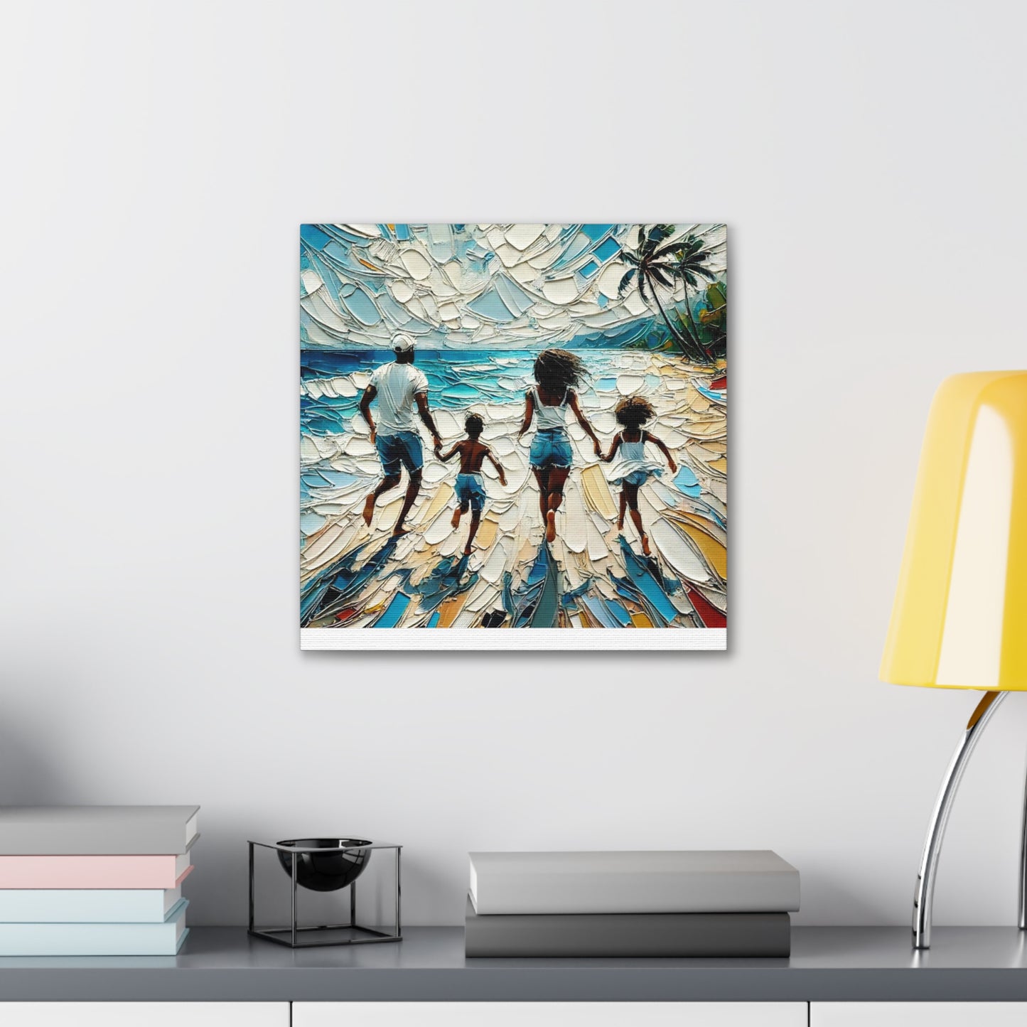 Art Print, Afro-Caribbean Family "Running on the Beach," Oil Finish, West Indian Ethnicity, Cultural, Heritage, Semi-Abstract, Canvas Gallery Wrap