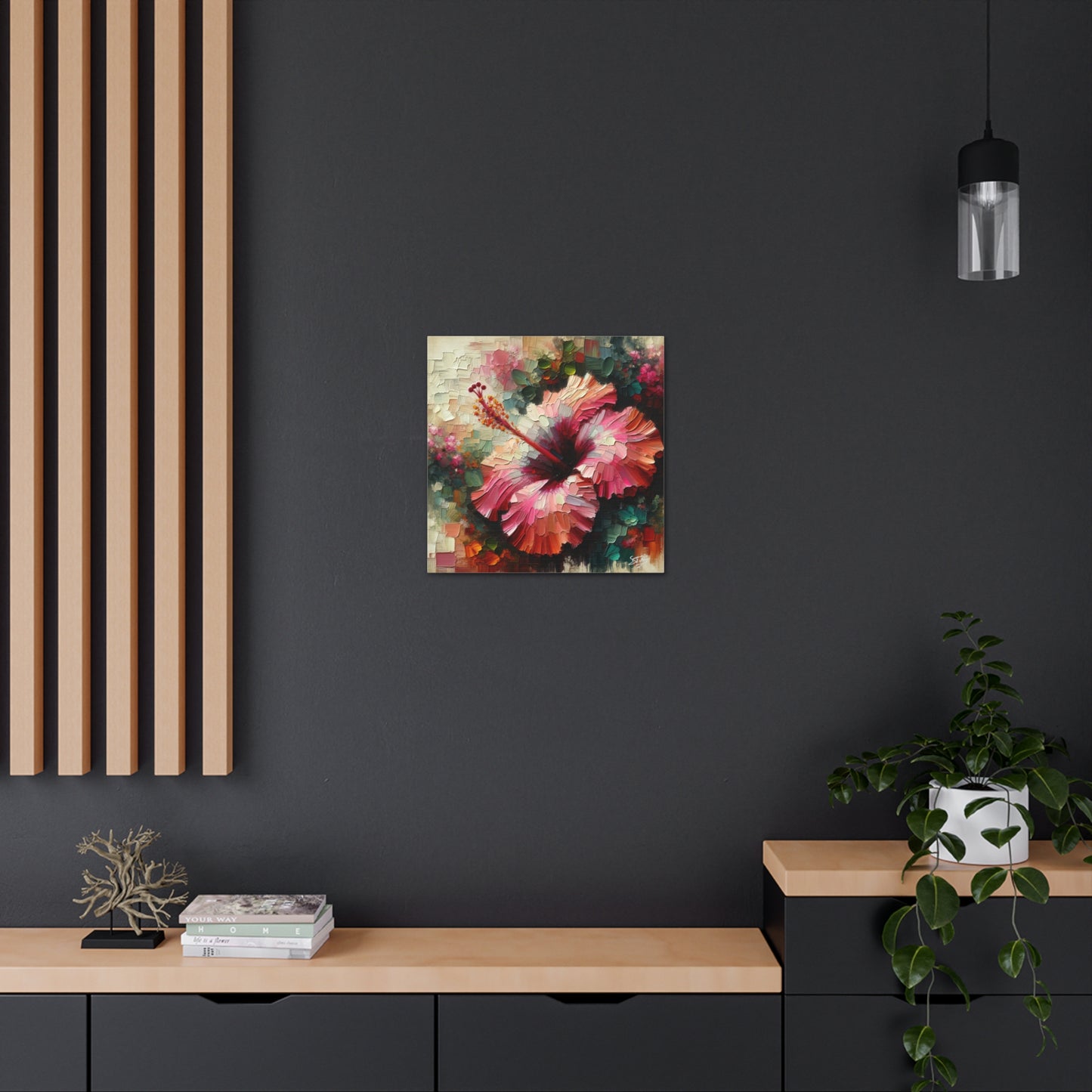 Oil Print#3 of a Pink Hibiscus Flower, Close-up View, Semi-abstract, Caribbean, Vibrant Vivid Colors, Canvas Gallery Wraps