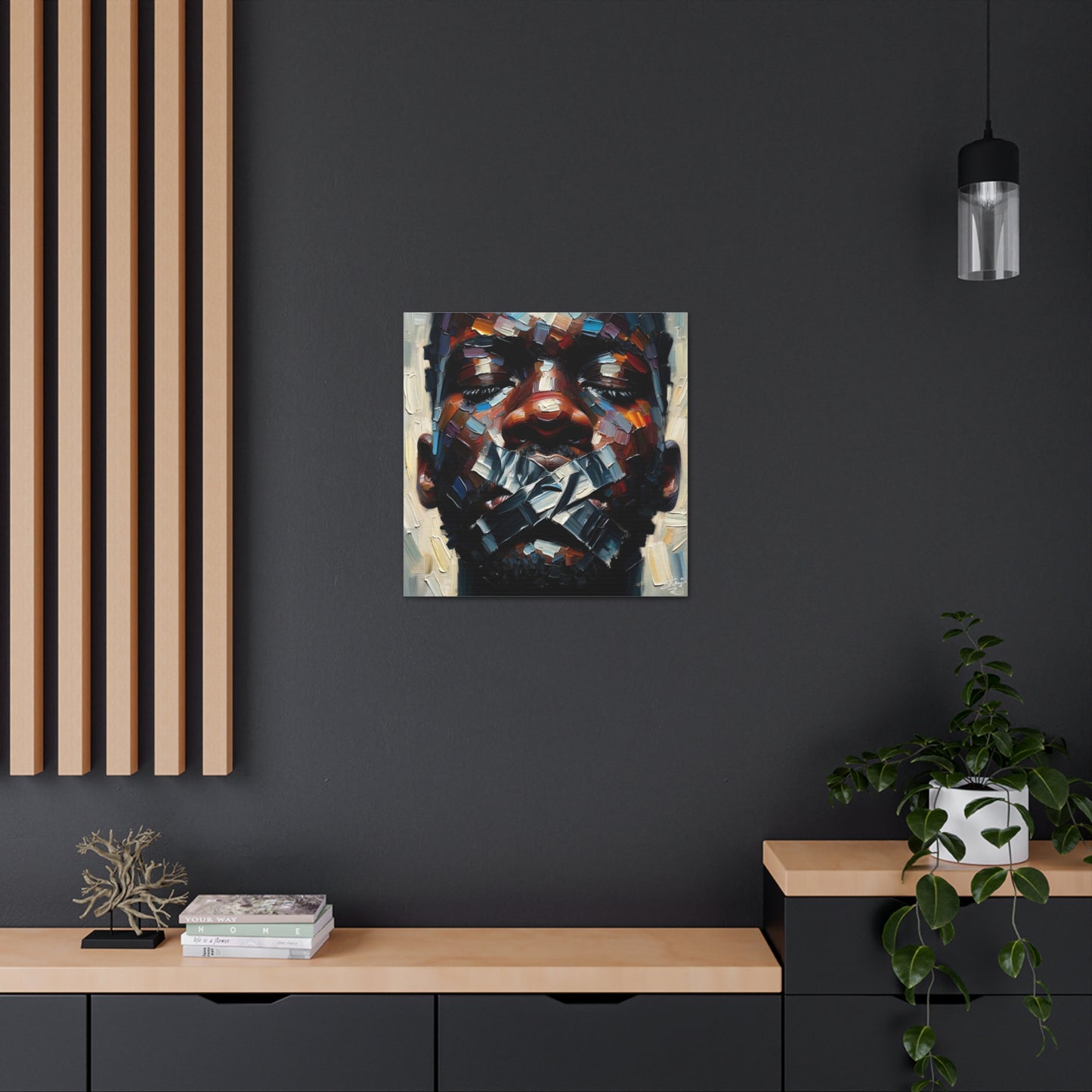 Art Print, Afro-Caribbean Man Silenced? Oil Finish, West Indian Ethnicity, Cultural, Heritage, Semi-Abstract, Canvas Gallery Wrap