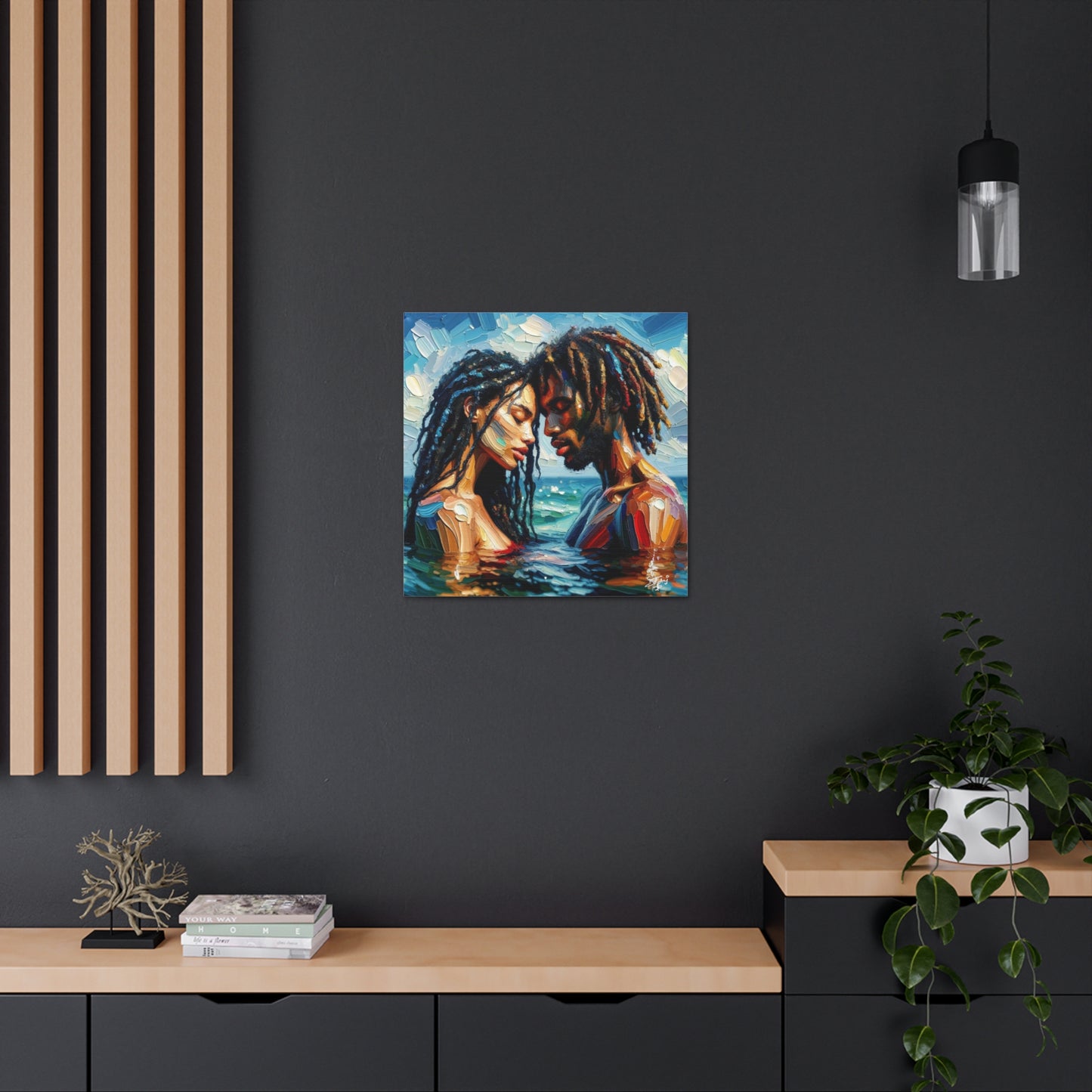 Art Print, Caribbean Couple, "In Our World" Semi-Abstract Oil Finish, West Indian Ethnicity, Cultural, Heritage, Abstract, Canvas Gallery Wrap