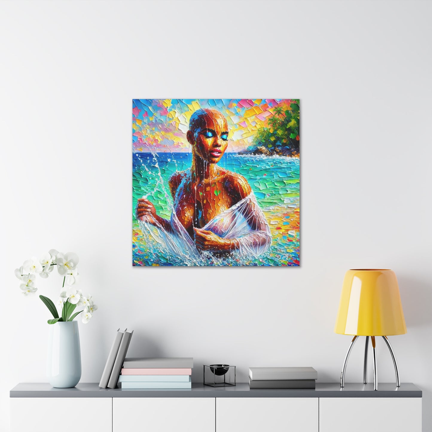 Art Print, Afro-Caribbean Woman, "Sea Bath" Abstract, Oil Finish, West Indian Ethnicity, Cultural, Heritage, Abstract, Canvas Gallery Wrap