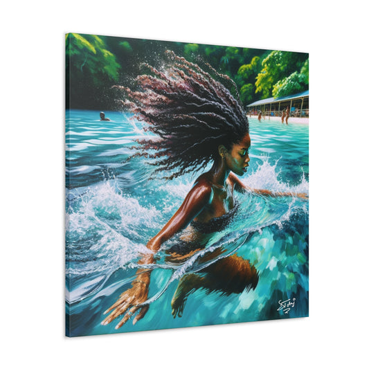 Art Print, Afro-Caribbean Woman, "Sea Bath" Abstract, Oil Finish, West Indian Ethnicity, Cultural, Heritage, Abstract, Canvas Gallery Wrap