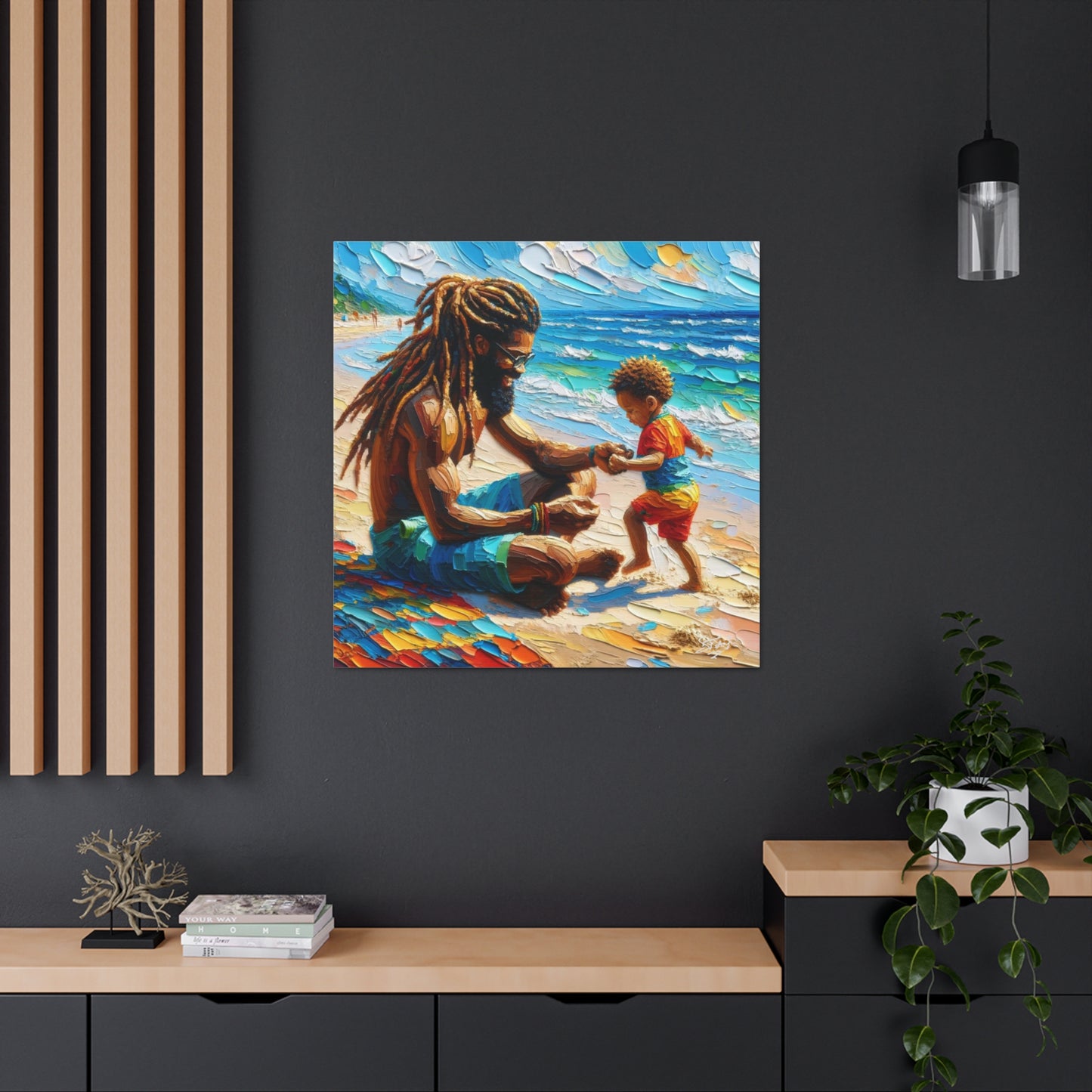 Art Print, Afro-Caribbean Father & Son "Sitting on the Beach," Oil Finish, West Indian Ethnicity, Cultural, Heritage, Semi-Abstract, Canvas Gallery Wrap