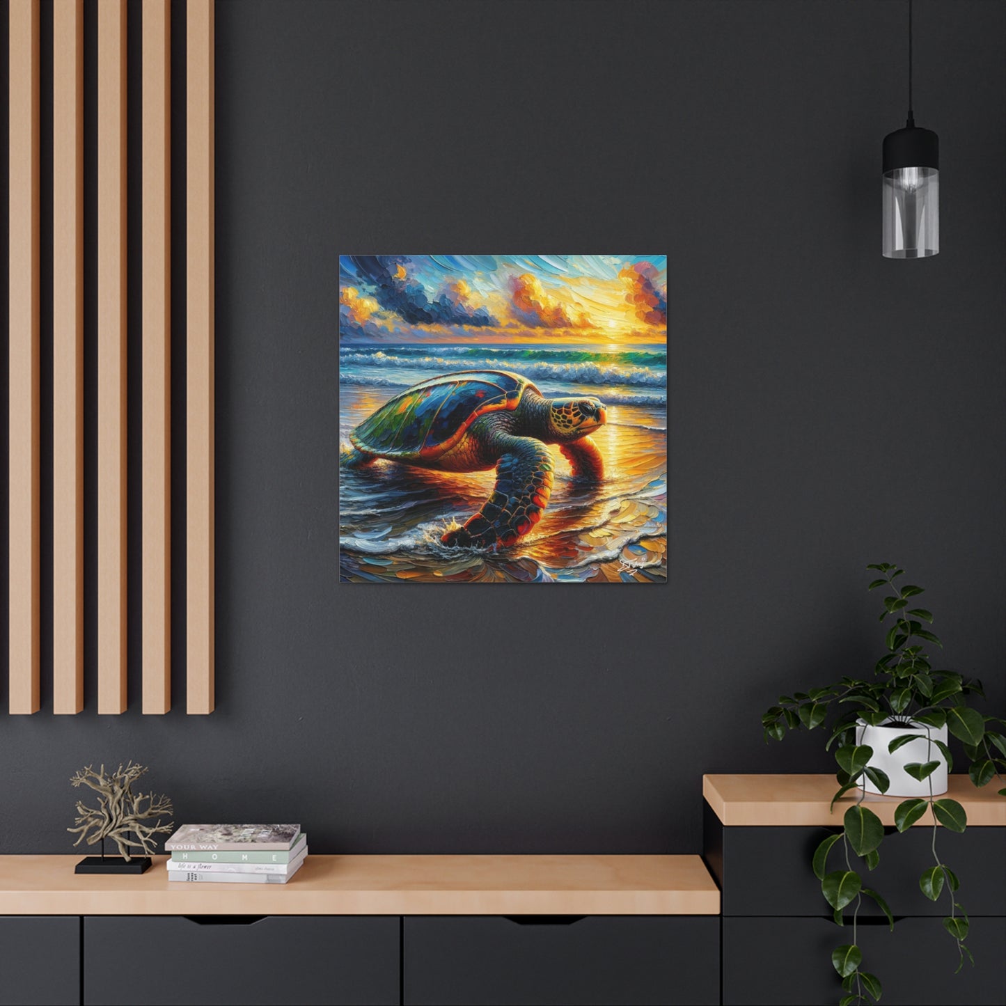 Art Print, Turtle at Sunset, Caribbean Wildlife, Oil Finish, Caribbean Nature, Culture, Heritage, Canvas Gallery Wrap