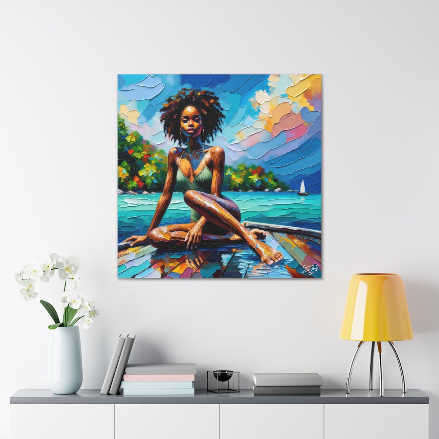 Art Print, Afro-Caribbean Woman "Chilling in the Boat" Oil Finish, West Indian Ethnicity, Cultural, Heritage, Semi-Abstract, Canvas Gallery Wrap