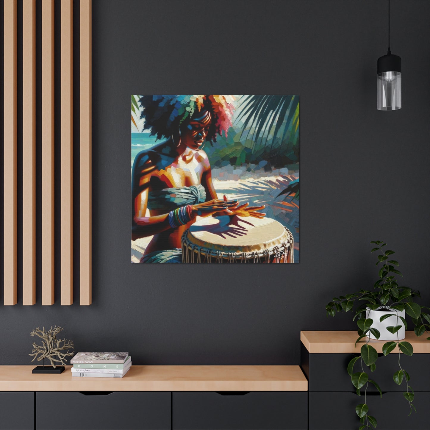 Art Print, Afro-Caribbean Woman, "Drumming" Oil Finish, West Indian Ethnicity, Cultural, Heritage, Abstract, Canvas Gallery Wrap